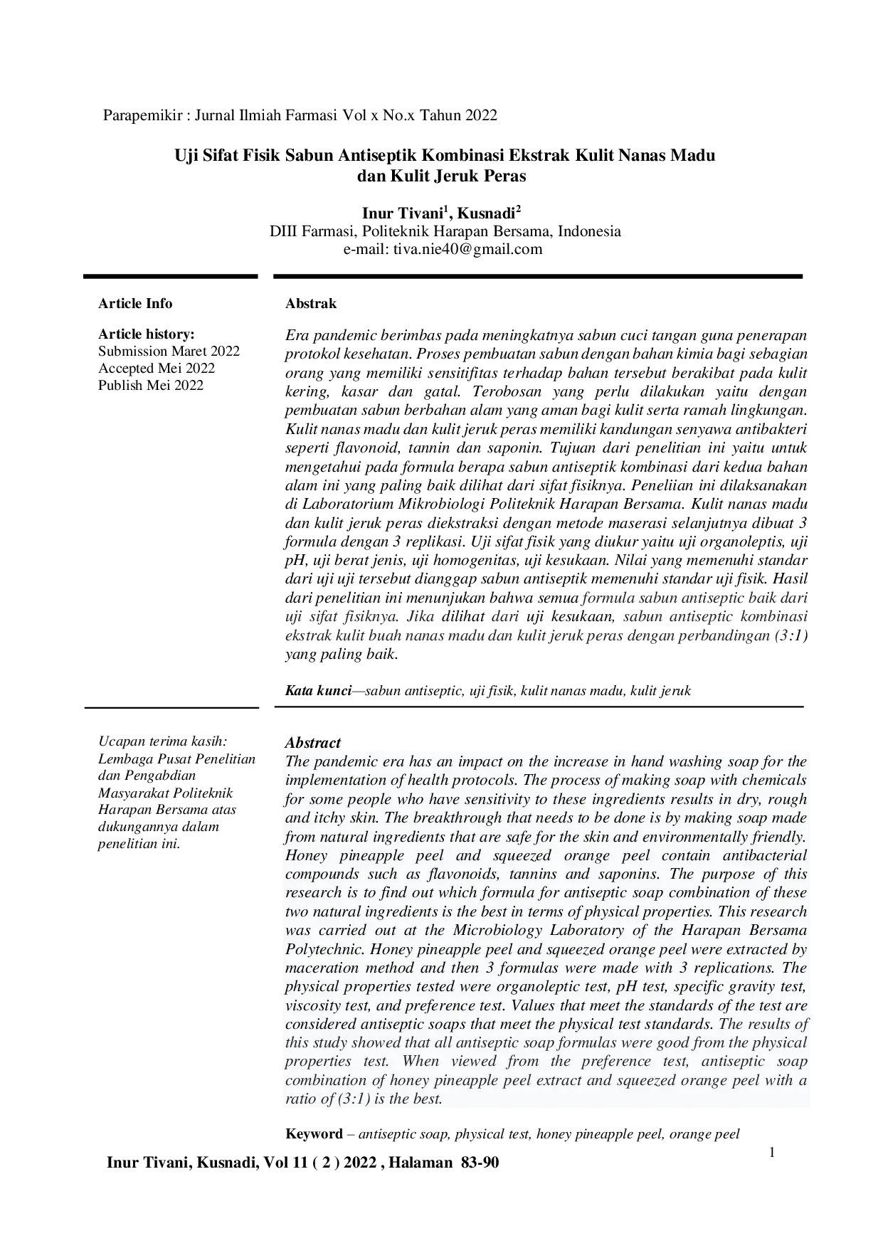 JURIS Physical Properties Test of Antiseptic Soap Combination of Honey Pineapple Peel Extract and Squeezed Orange Peel