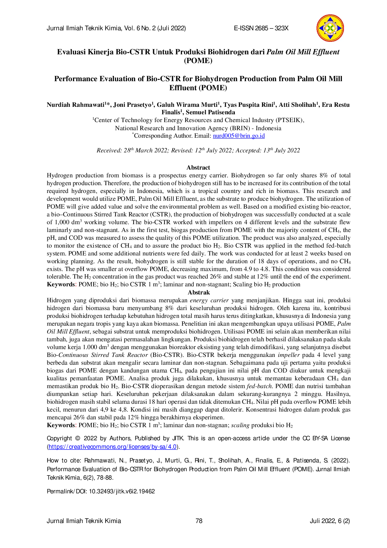 JURIS Performance Evaluation of Bio CSTR for Biohydrogen Production from Palm Oil Mill Effluent POME