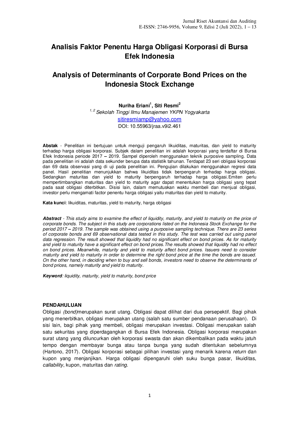 juris Analisis Faktor Penentu Harga Obligasi Korporasi di Bursa Efek Indonesia