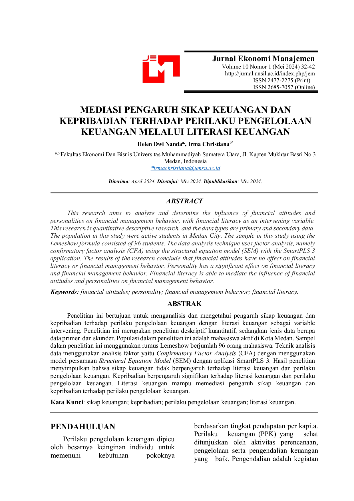JURIS Mediation of the Effect of Financial Attitude and Personality on Financial Management Behavior