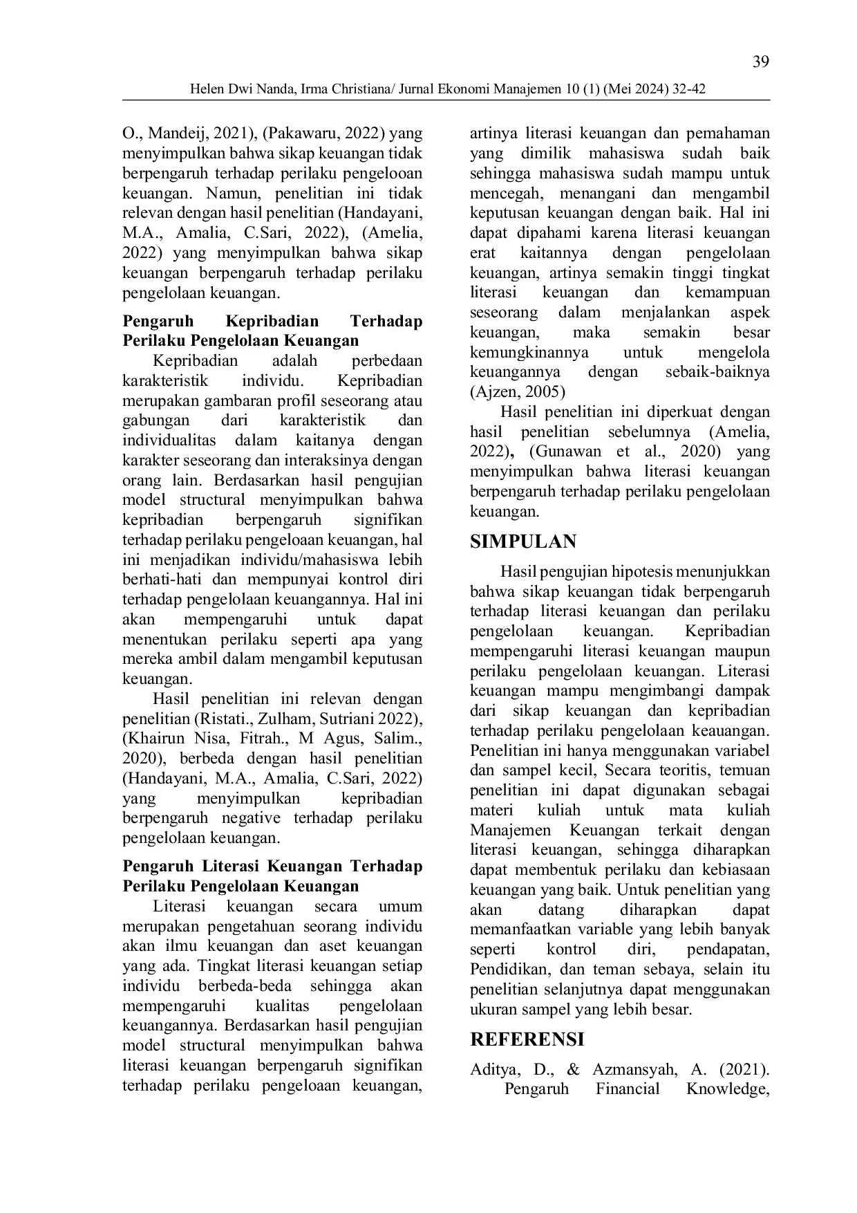 JURIS Mediation of the Effect of Financial Attitude and Personality on Financial Management Behavior
