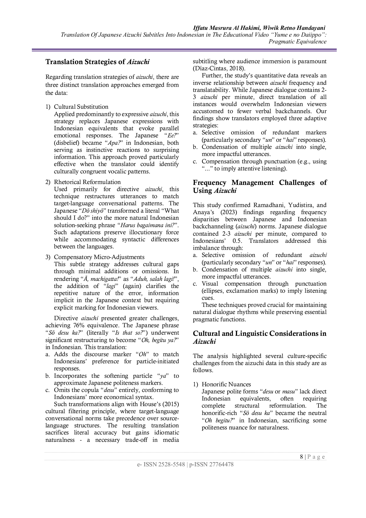 JURIS Translation of Japanese Aizuchi Subtitles into Indonesian in The Educational Video Yume E No Daiippo Pragmatic Equivalence