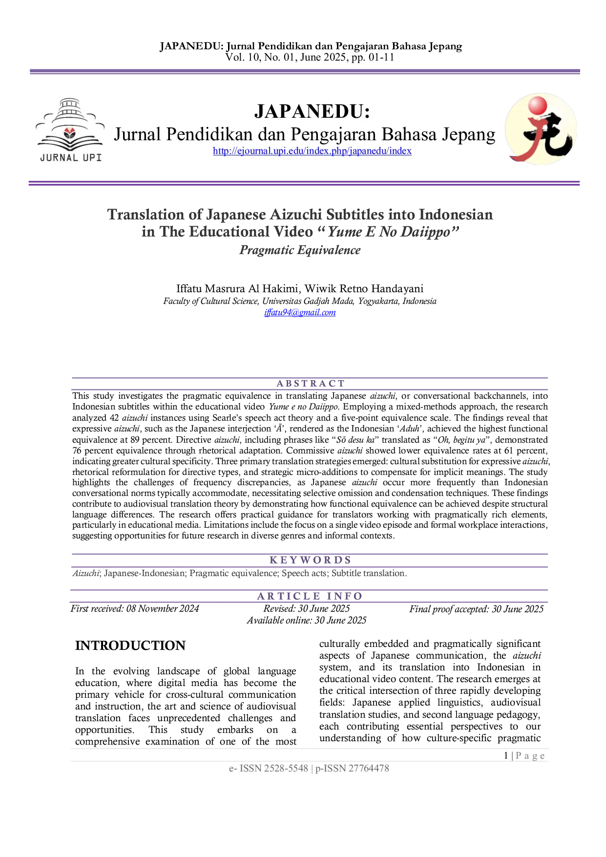 JURIS Translation of Japanese Aizuchi Subtitles into Indonesian in The Educational Video Yume E No Daiippo Pragmatic Equivalence