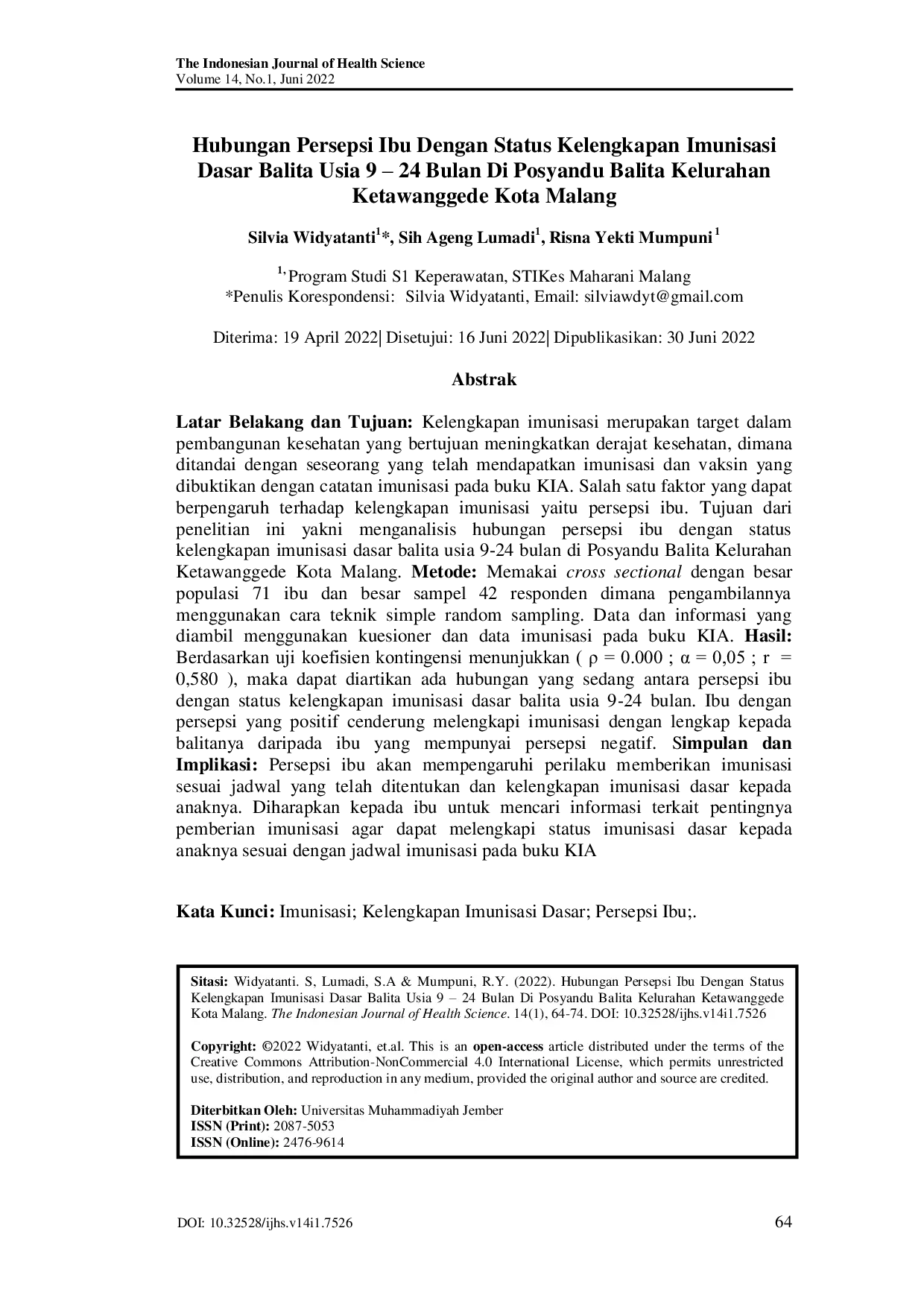 JURIS Hubungan Antara Persepsi Ibu Dengan Status Kelengkapan Imunisasi Dasar Balita Usia 9 24 Bulan Di Posyandu Balita Kelurahan Ketawanggede Kota Malang