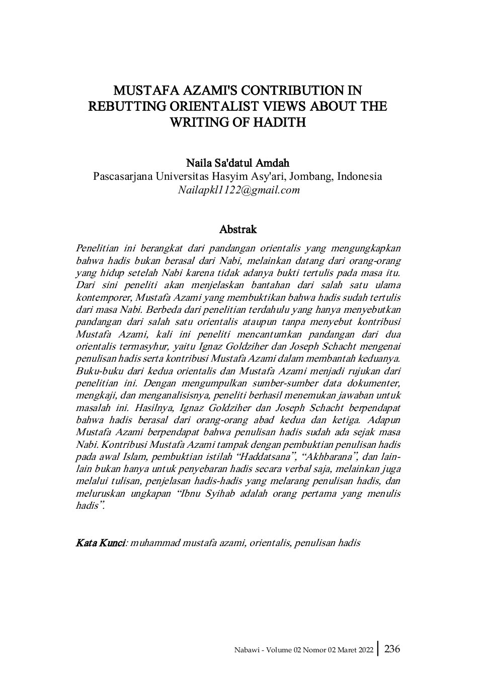 JURIS Mustafa Azami s Contribution in Rebutting Orientalist Views about The Writing of Hadith