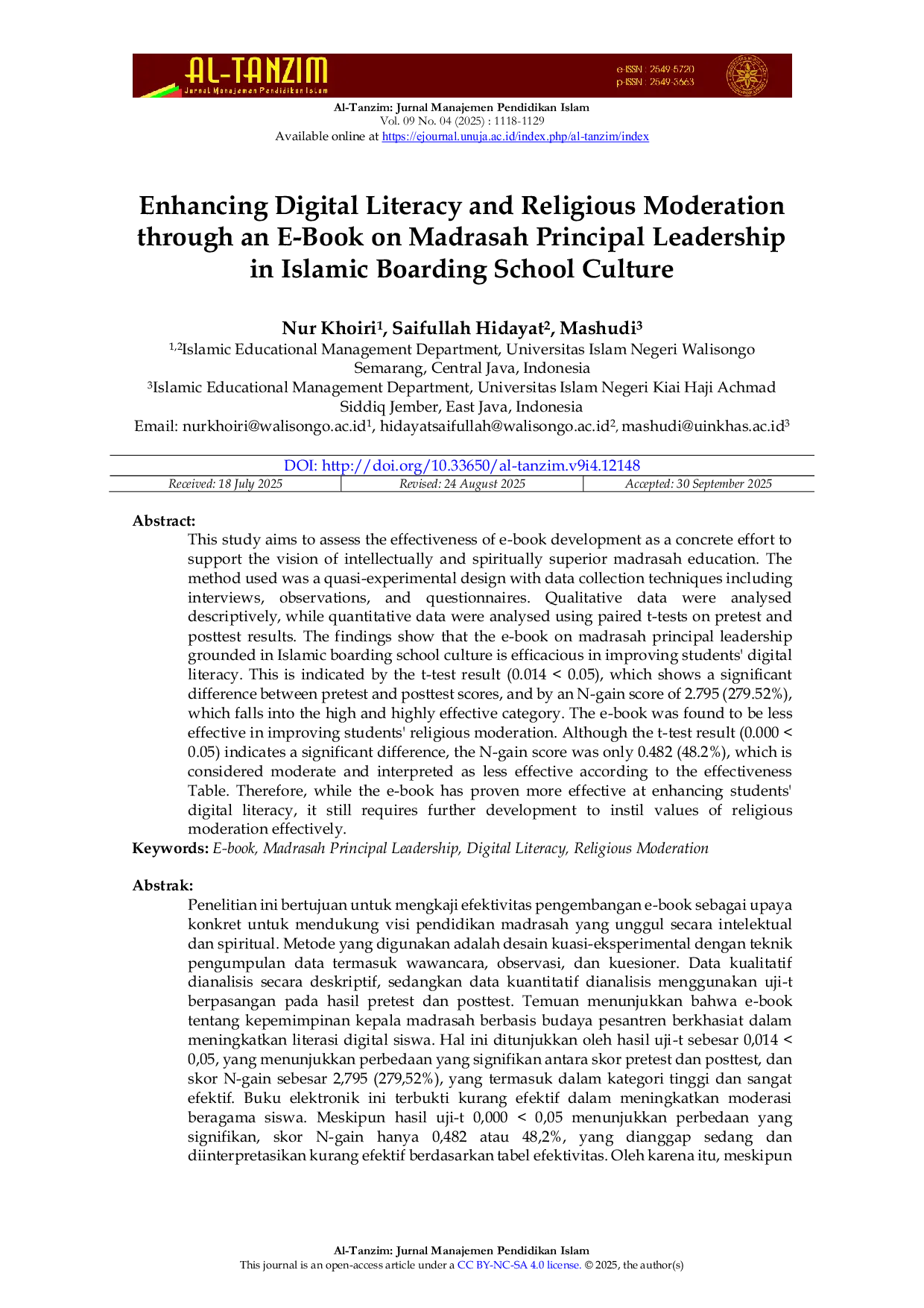 JURIS Enhancing Digital Literacy and Religious Moderation through an E Book on Madrasah Principal Leadership in Islamic Boarding School Culture