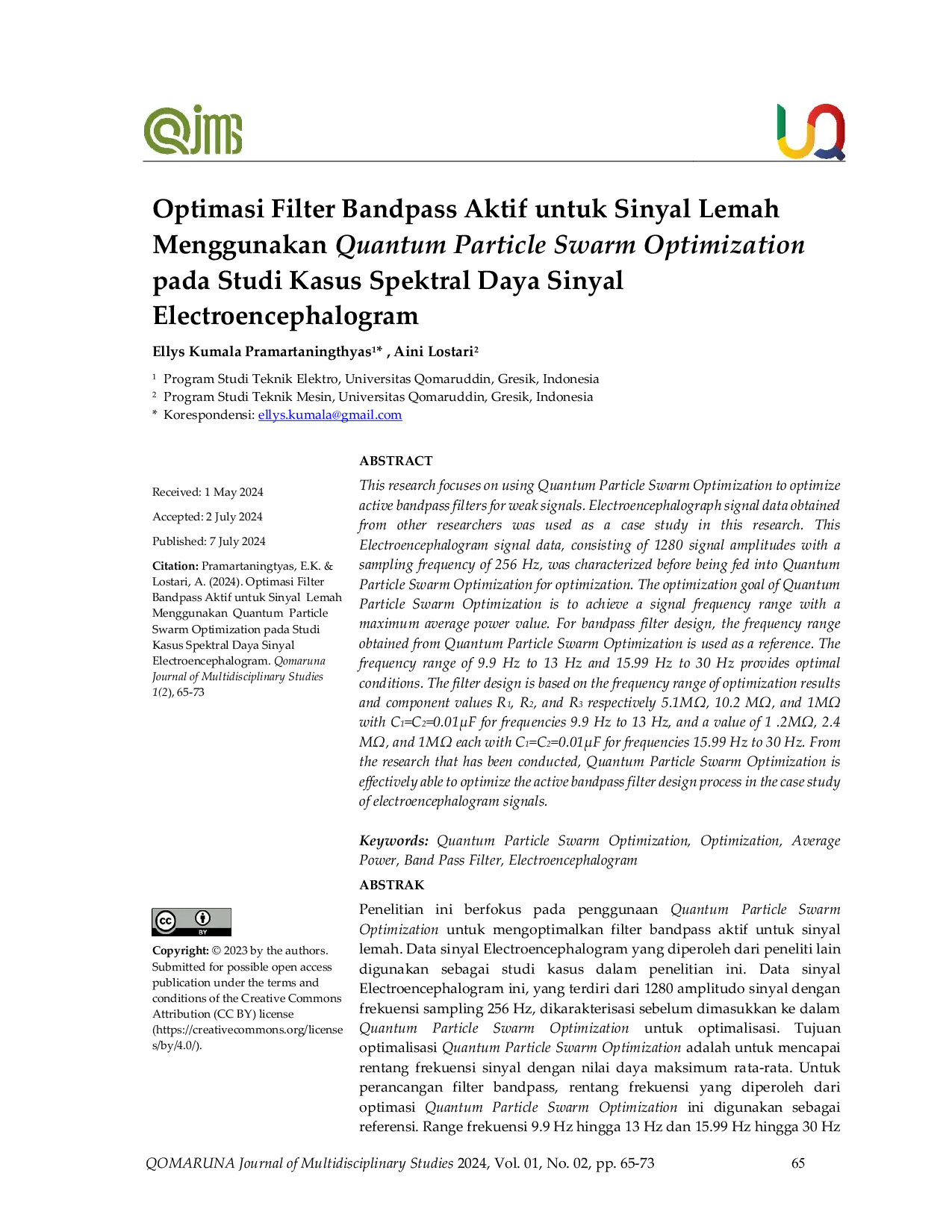 JURIS Optimasi Filter Bandpass Aktif untuk Sinyal Lemah Menggunakan Quantum Particle Swarm Optimization pada Studi Kasus Spektral Daya Sinyal Electroencephalogram