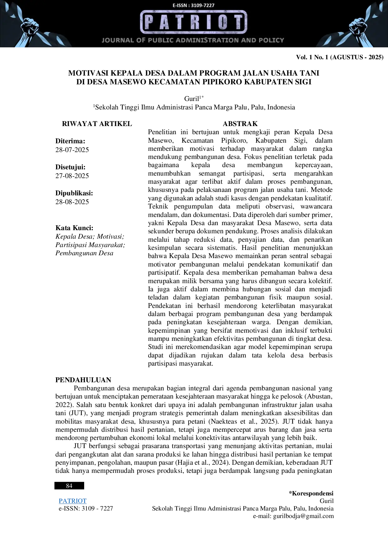 JURIS Motivasi Kepala Desa dalam Program Jalan Usaha Tani di Desa Masewo Kecamatan Pipikoro Kabupaten Sigi