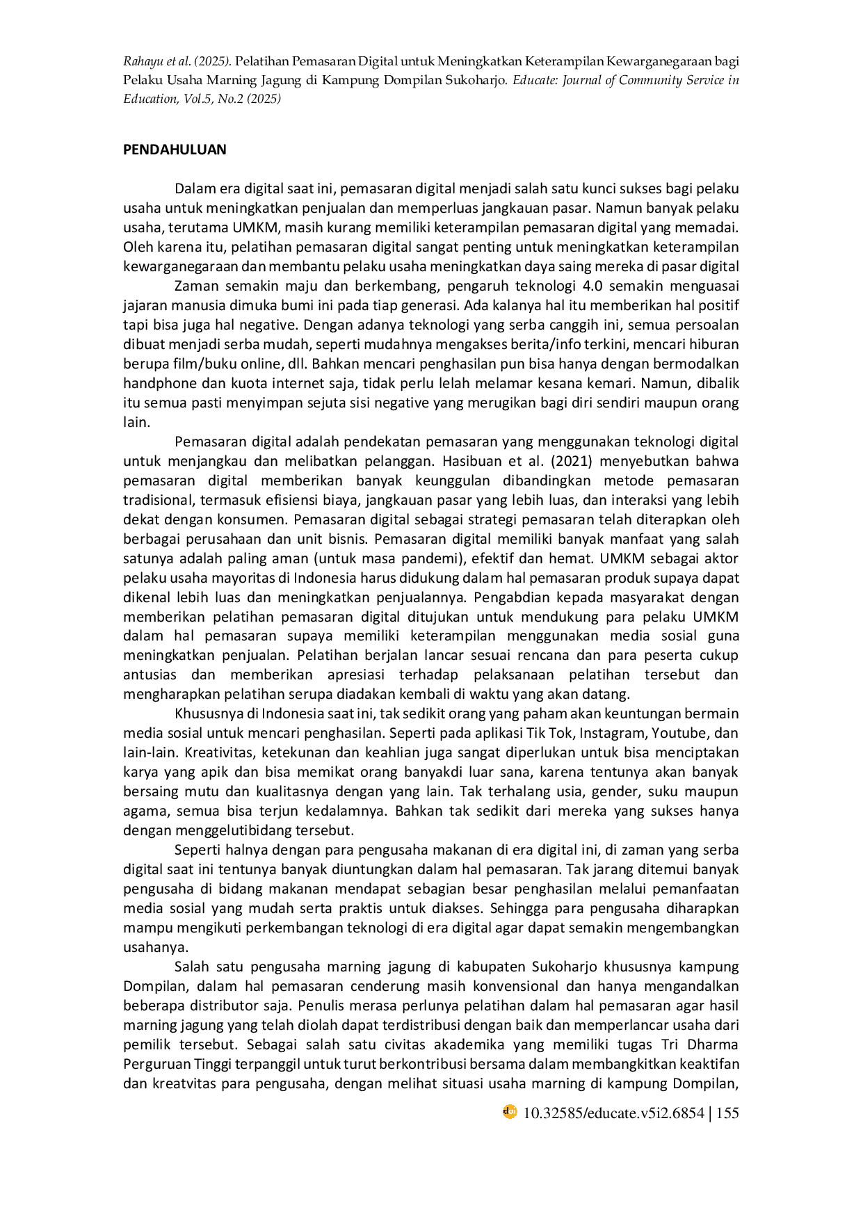 JURIS Pelatihan Pemasaran Digital untuk Meningkatkan Keterampilan Kewarganegaraan bagi Pelaku Usaha Marning Jagung di Kampung Dompilan Sukoharjo