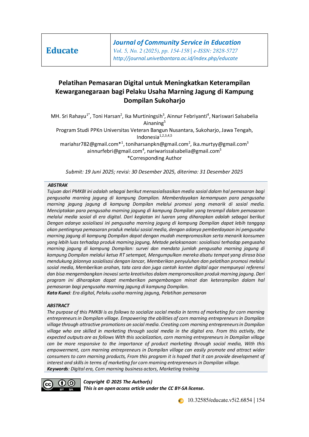 JURIS Pelatihan Pemasaran Digital untuk Meningkatkan Keterampilan Kewarganegaraan bagi Pelaku Usaha Marning Jagung di Kampung Dompilan Sukoharjo