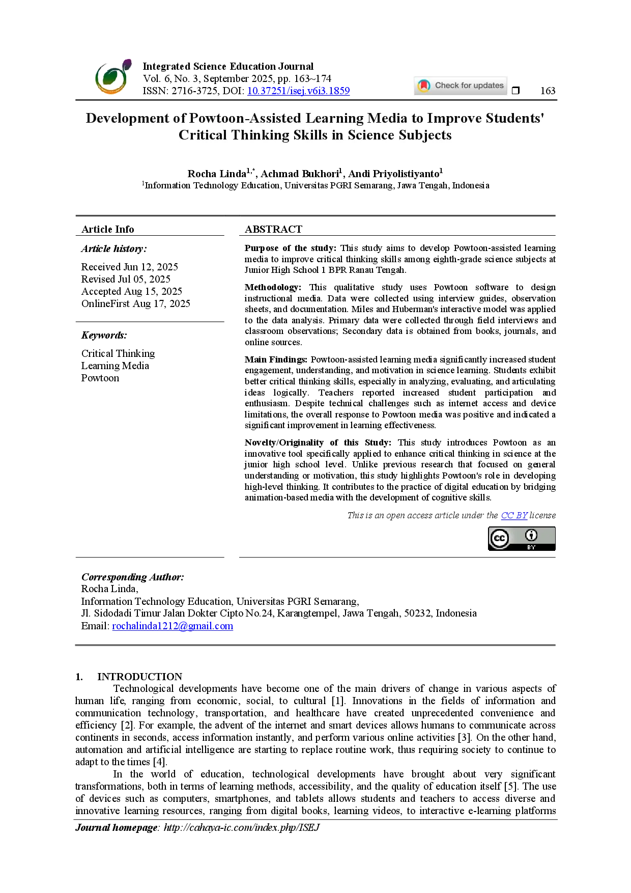 juris Development of Powtoon Assisted Learning Media to Improve Students Critical Thinking Skills in Science Subjects