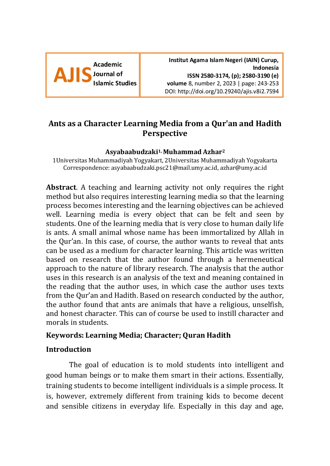 JURIS Ants as a Character Learning Media from a Qur an and Hadith Perspective