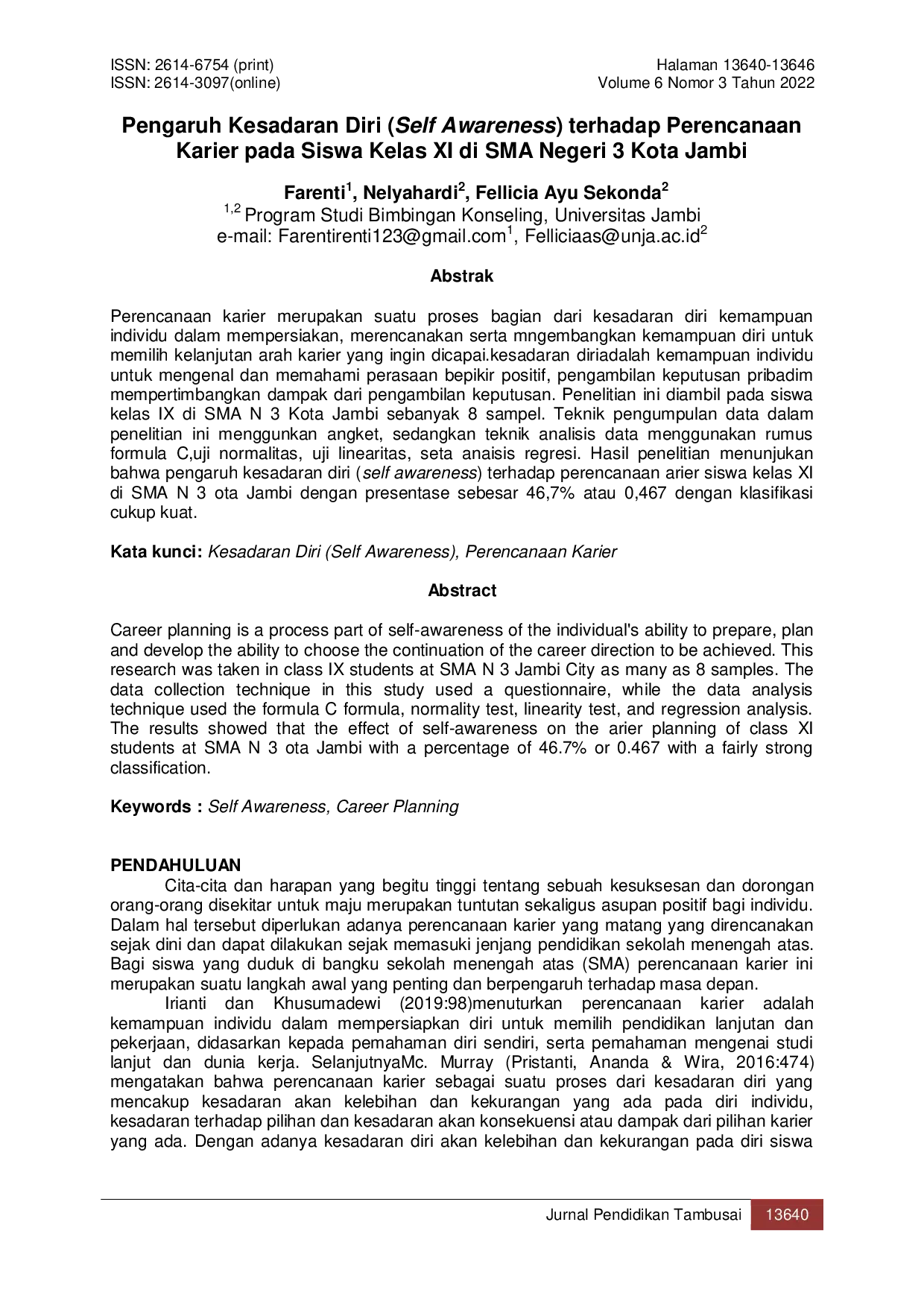 JURIS Pengaruh Kesadaran Diri Self Awareness terhadap Perencanaan Karier pada Siswa Kelas XI di SMA Negeri 3 Kota Jambi