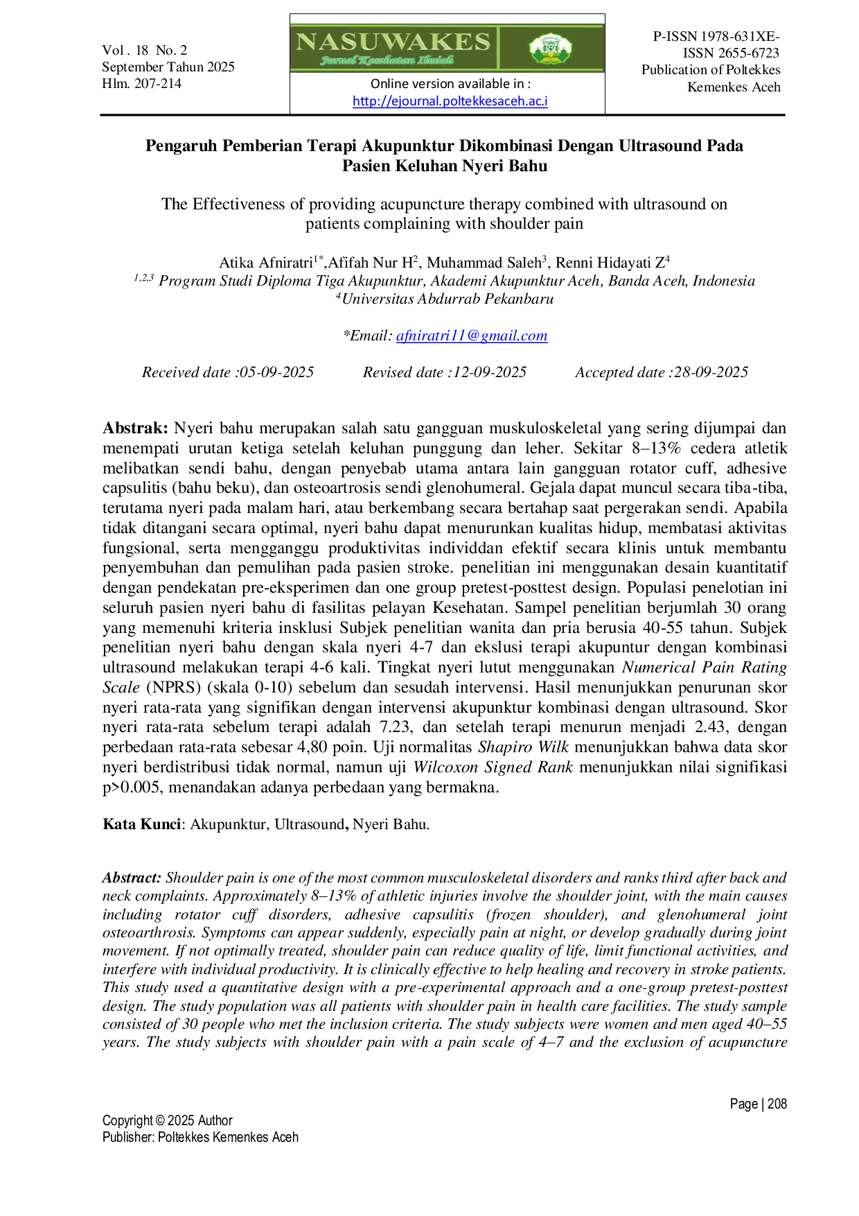 JURIS Pengaruh Pemberian Terapi Akupunktur Dikombinasi Dengan Ultrasound Pada Pasien Keluhan Nyeri Bahu