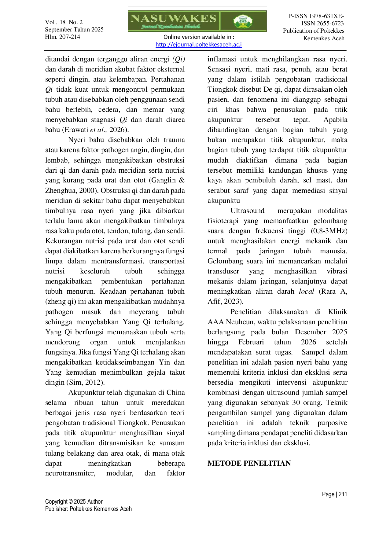 JURIS Pengaruh Pemberian Terapi Akupunktur Dikombinasi Dengan Ultrasound Pada Pasien Keluhan Nyeri Bahu