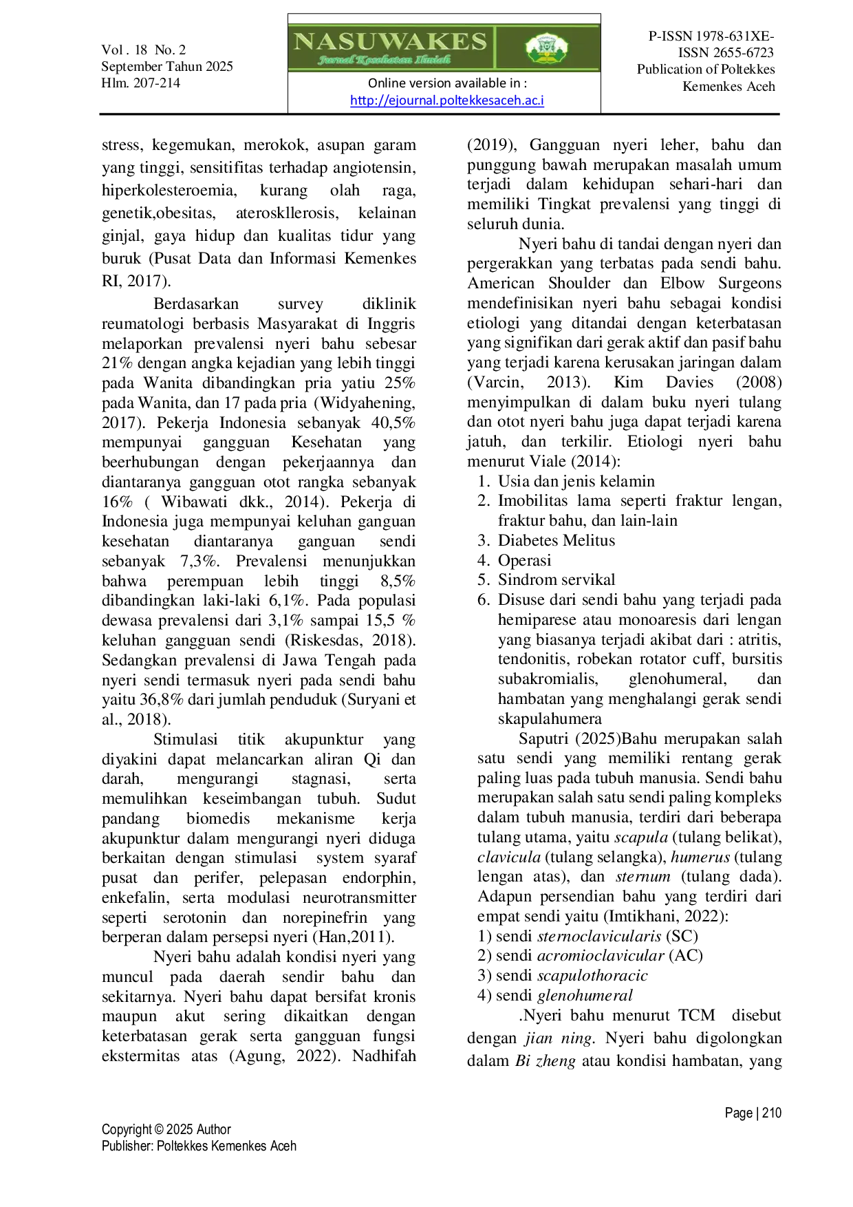 JURIS Pengaruh Pemberian Terapi Akupunktur Dikombinasi Dengan Ultrasound Pada Pasien Keluhan Nyeri Bahu