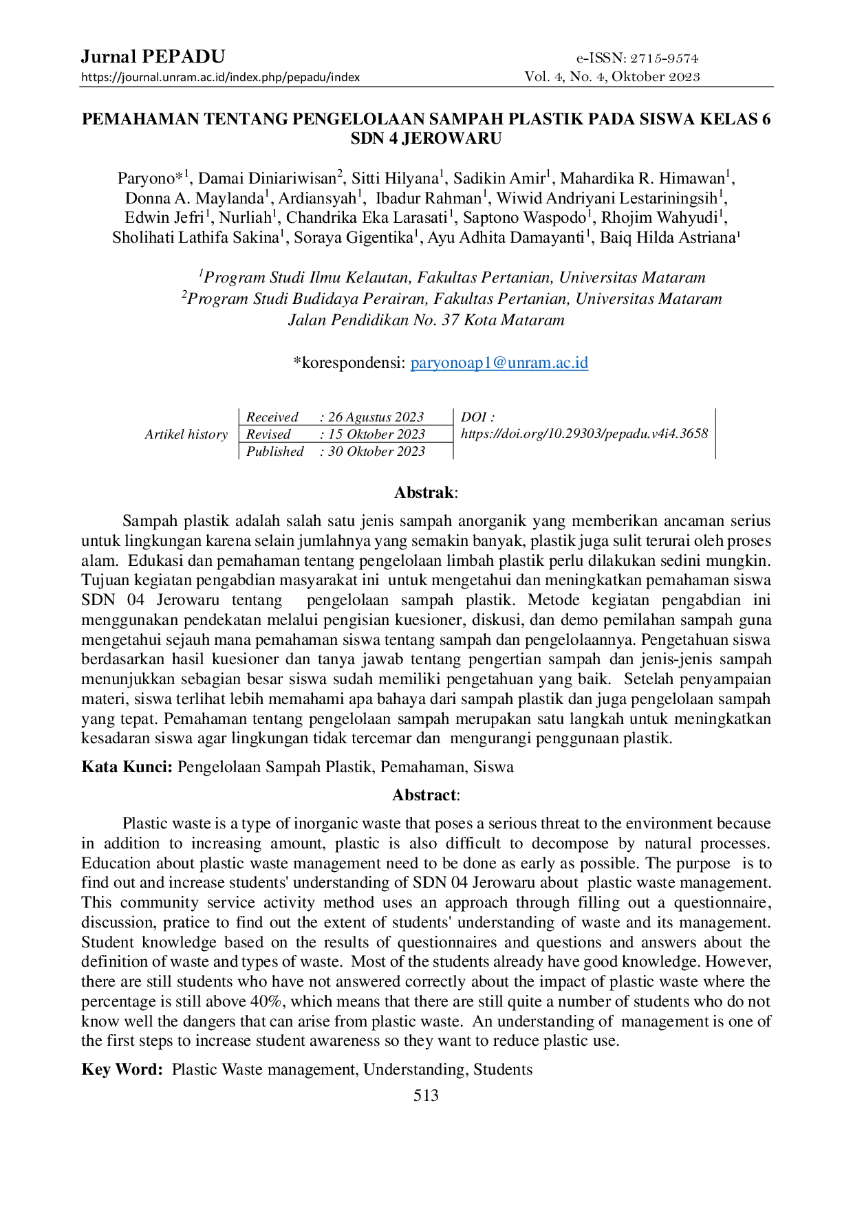 JURIS Pemahaman Tentang Pengelolaan Sampah Plastik Pada Siswa Kelas 6 Sdn 4 Jerowaru