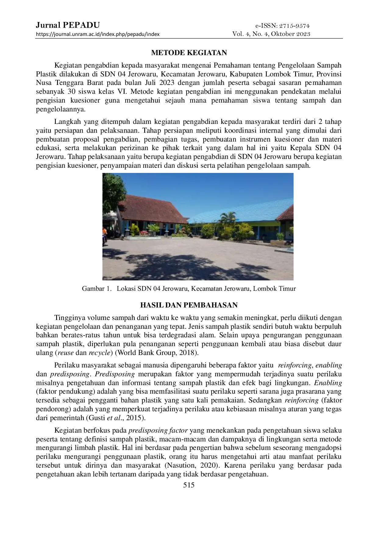 JURIS Pemahaman Tentang Pengelolaan Sampah Plastik Pada Siswa Kelas 6 Sdn 4 Jerowaru