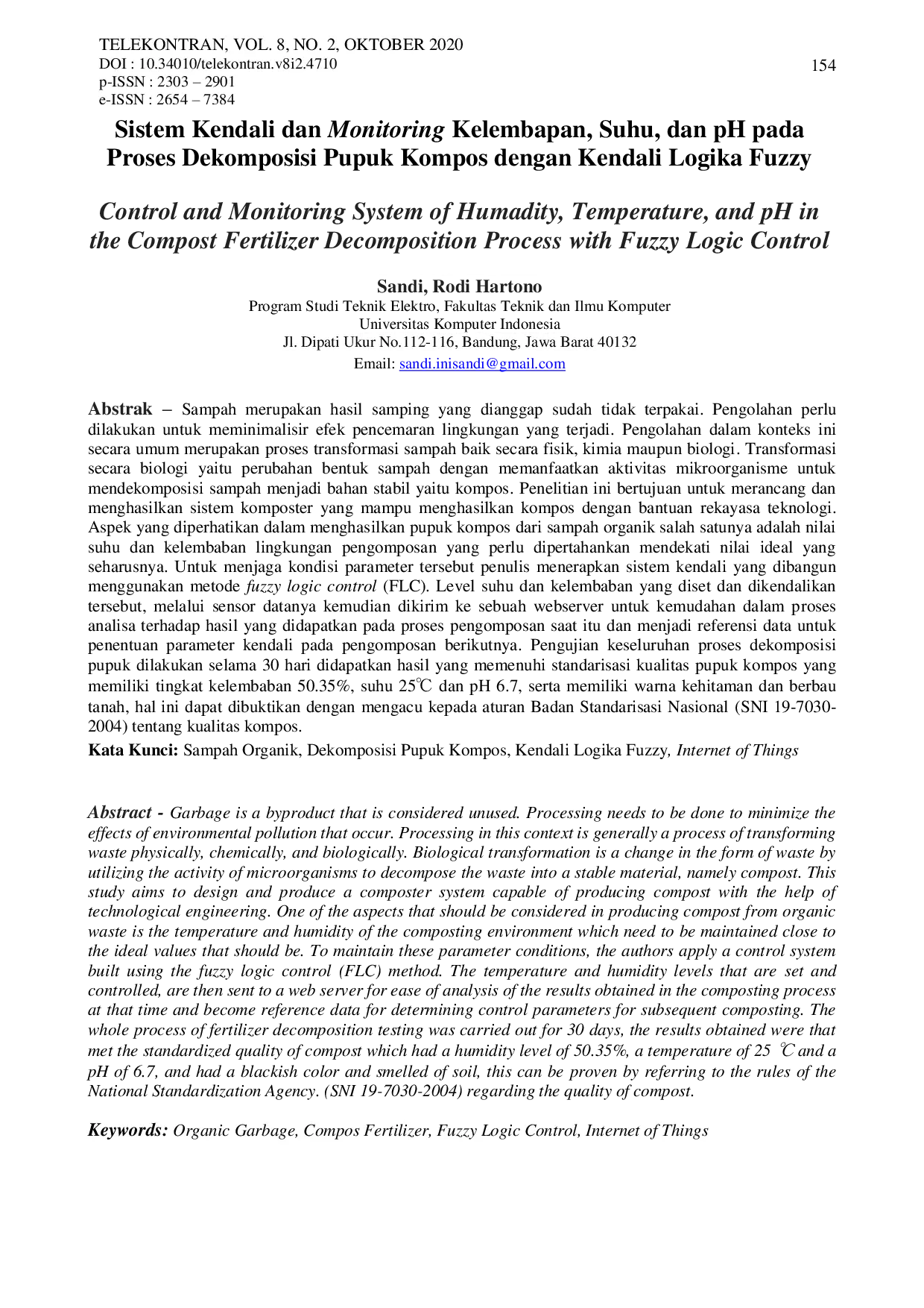 JURIS Control And Monitoring System of Humadity Temperature and pH in the Compost Fertilizer Decomposition Process with Fuzzy Logic Control