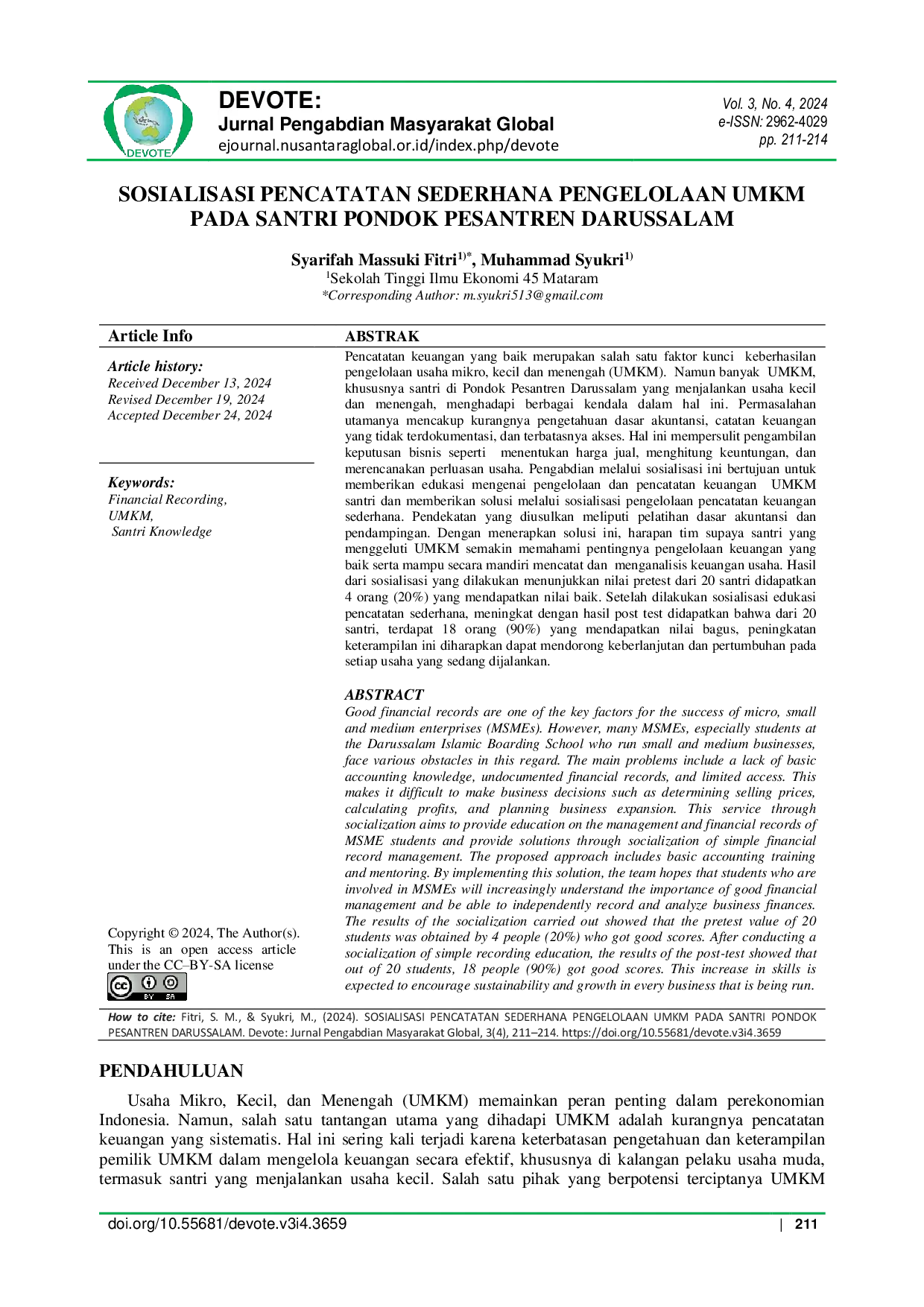 JURIS Sosialisasi Pencatatan Sederhana Pengelolaan UMKM pada Santri Pondok Pesantren Darussalam