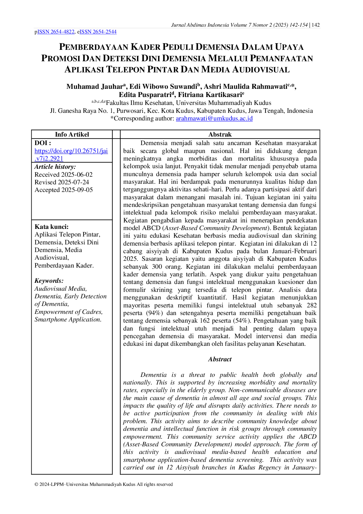 JURIS Pemberdayaan Kader Peduli Demensia Dalam Upaya Promosi Dan Deteksi Dini Demensia Melalui Pemanfaatan Aplikasi Telepon Pintar Dan Media Audiovisual
