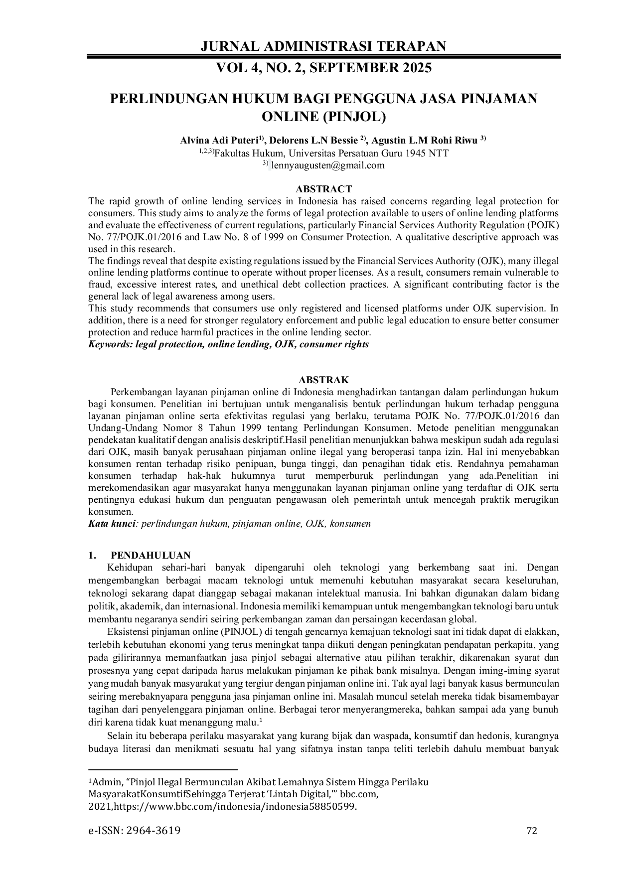 JURIS Perlindungan Hukum Bagi Pengguna Jasa Pinjaman Online Pinjol