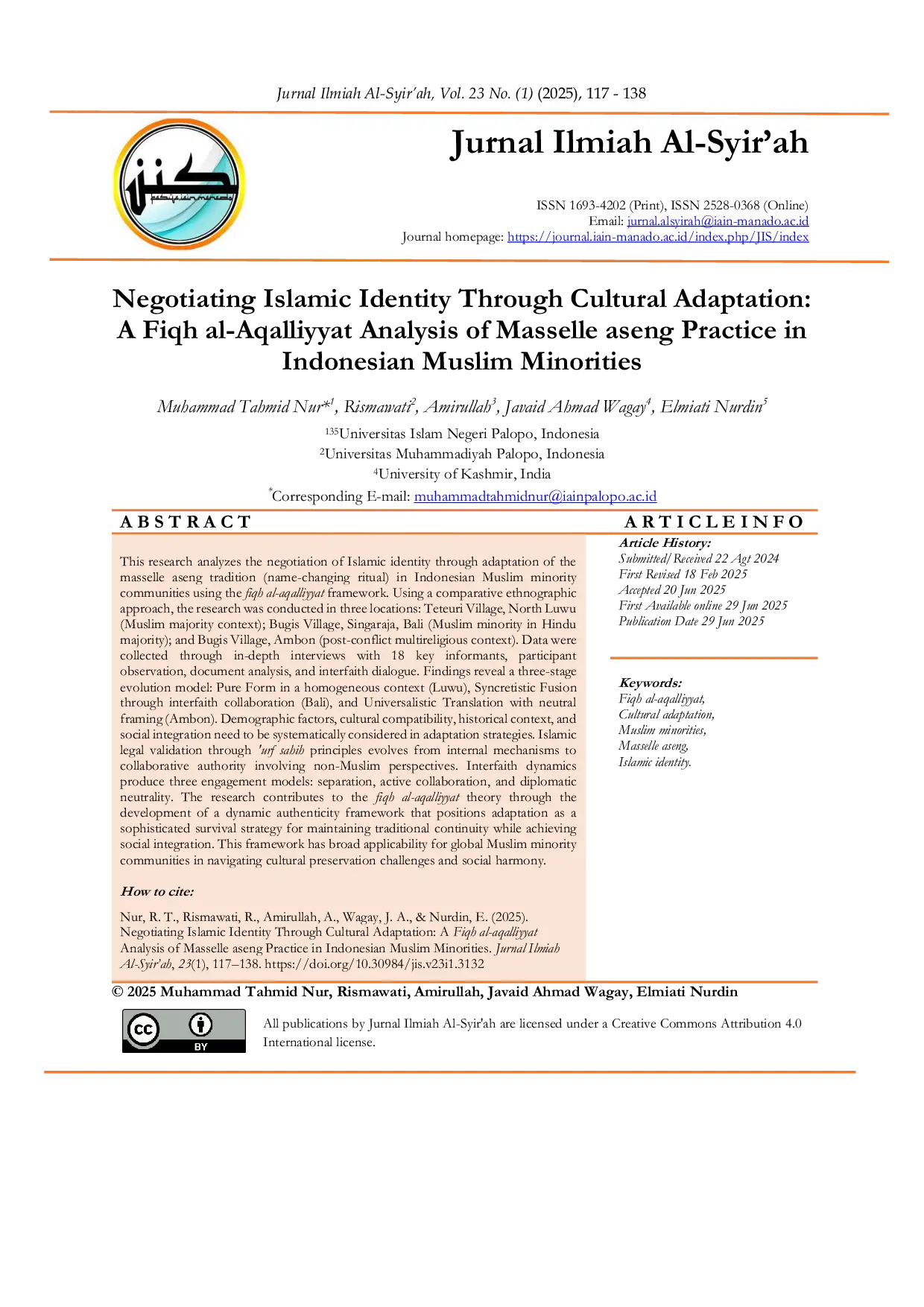 JURIS Negotiating Islamic Identity Through Cultural Adaptation A Fiqh al Aqalliyyat Analysis of Masselle aseng Practice in Indonesian Muslim Minorities