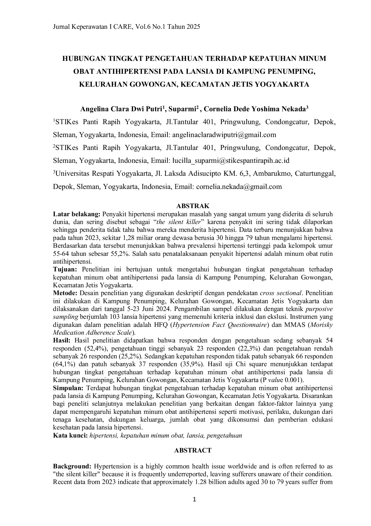 JURIS Hubungan Tingkat Pengetahuan Terhadap Kepatuhan Minum Obat Antihipertensi Pada Lansia di Kampung Penumping Kelurahan Gowongan Kecamatan Jetis Yogyakarta