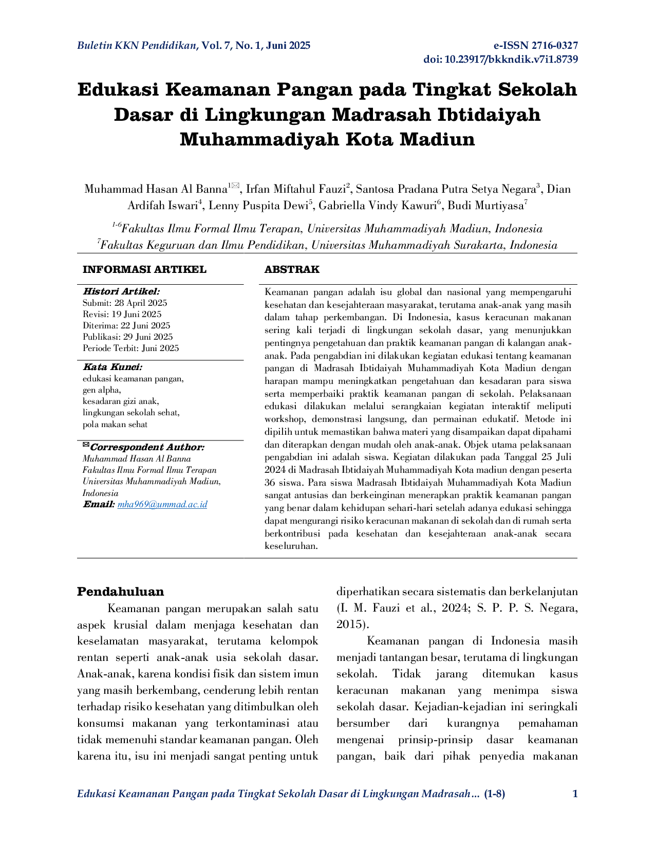 JURIS Edukasi Keamanan Pangan pada Tingkat Sekolah Dasar di Lingkungan Madrasah Ibtidaiyah Muhammadiyah Kota Madiun