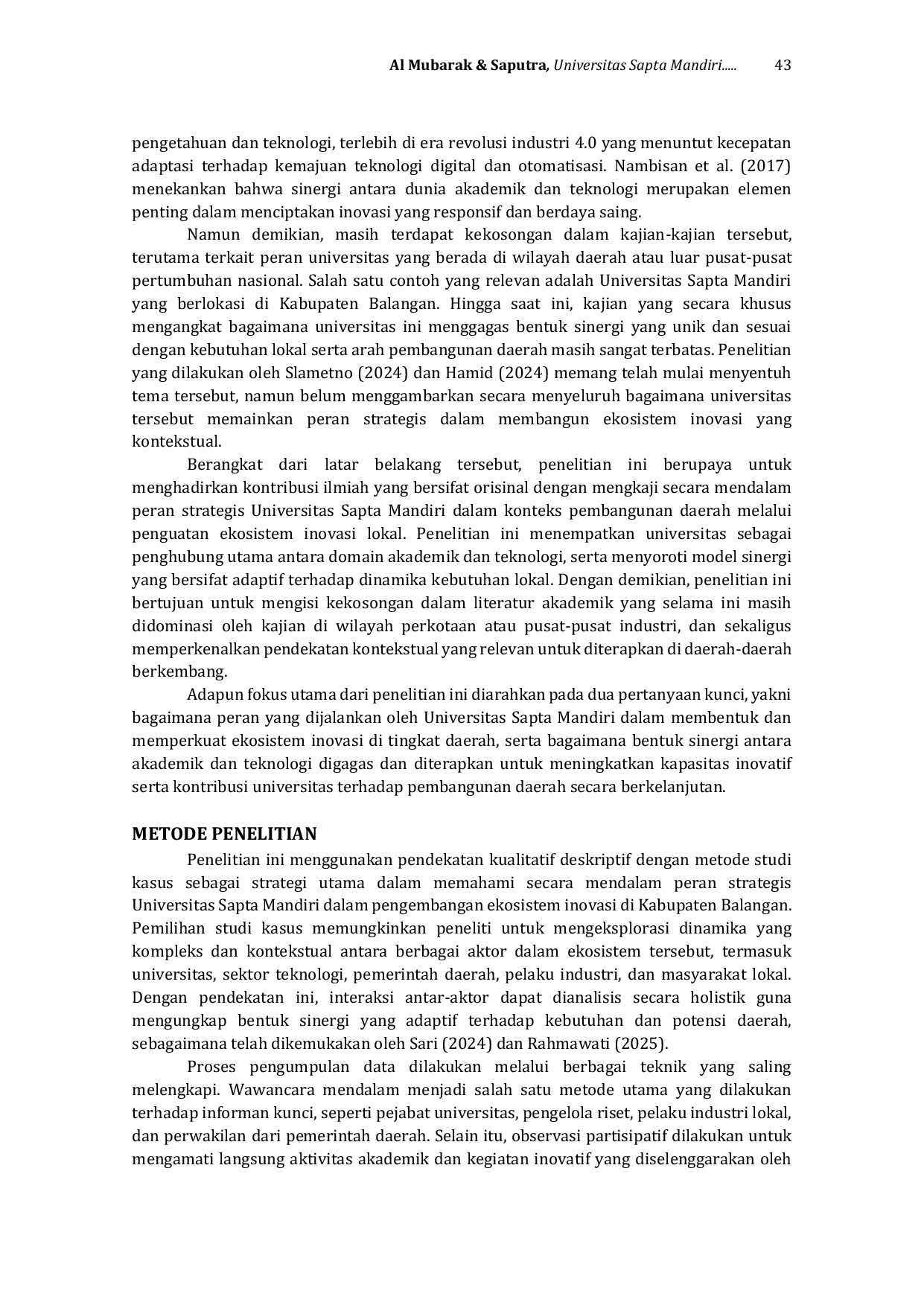 JURIS Universitas Sapta Mandiri dan Peranannya Dalam Ekosistem Inovasi Daerah Menggagas Sinergi Akademik dan Teknologi