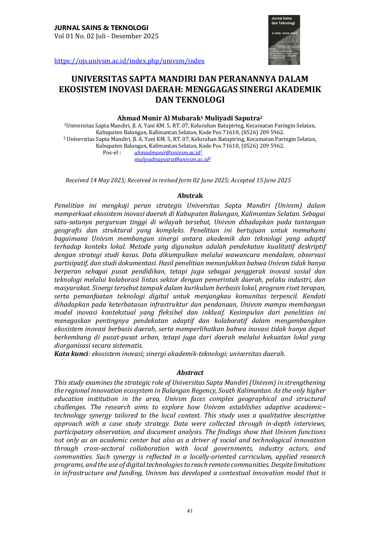 JURIS Universitas Sapta Mandiri dan Peranannya Dalam Ekosistem Inovasi Daerah Menggagas Sinergi Akademik dan Teknologi