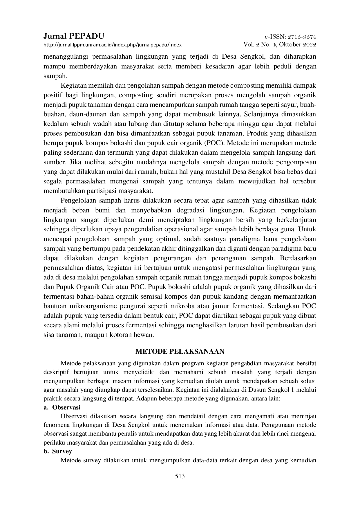 JURIS Pemanfaatan Sampah Organik Rumah Tangga Menjadi Pupuk Kompos Bokashi Dan Pupuk Organik Cair Poc Di Desa Sengkol Kecamatan Pujut Kabupaten Lombok Tengah