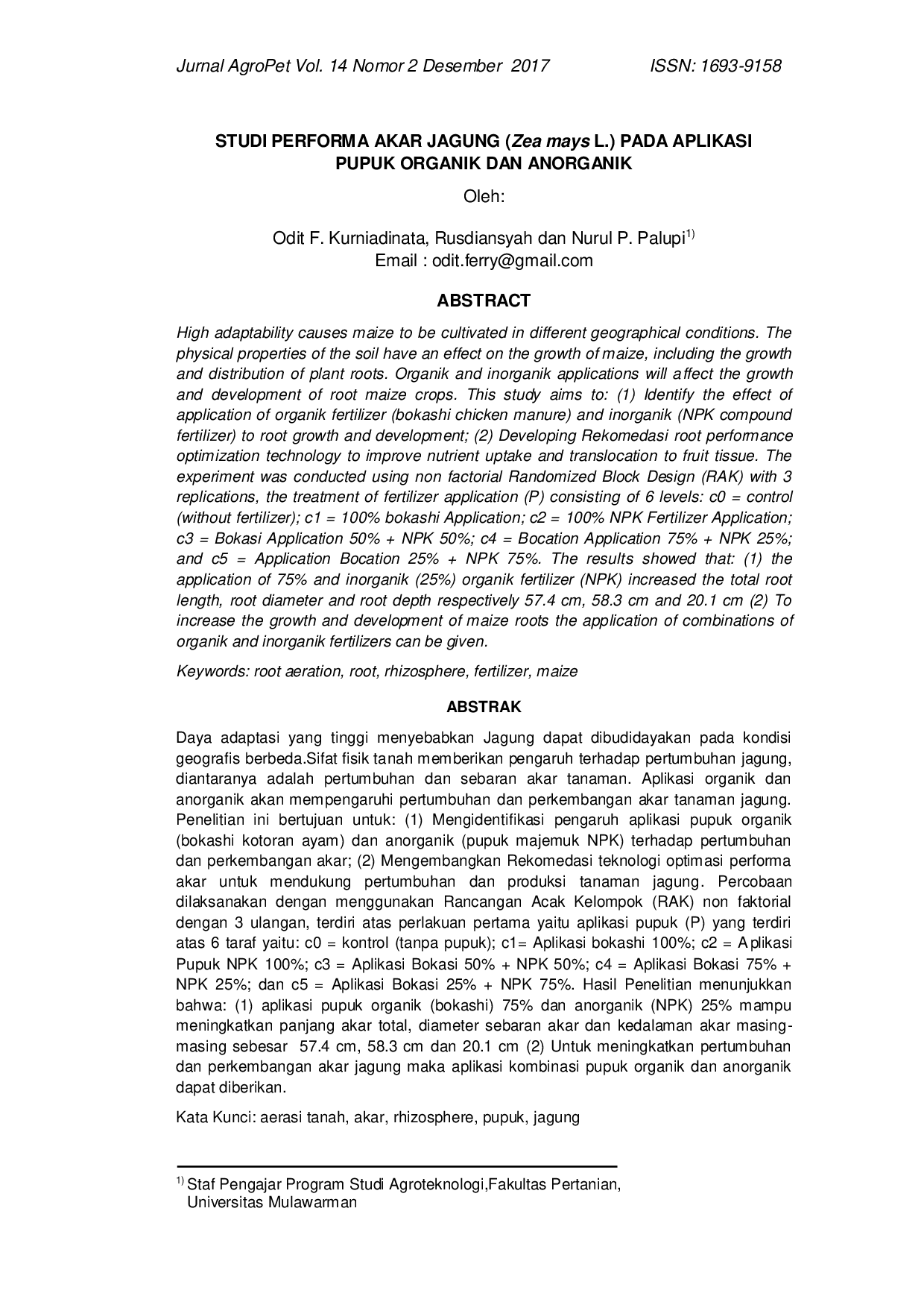 JURIS STUDI PERFORMA AKAR JAGUNG Zea mays L PADA APLIKASI PUPUK ORGANIK DAN ANORGANIK