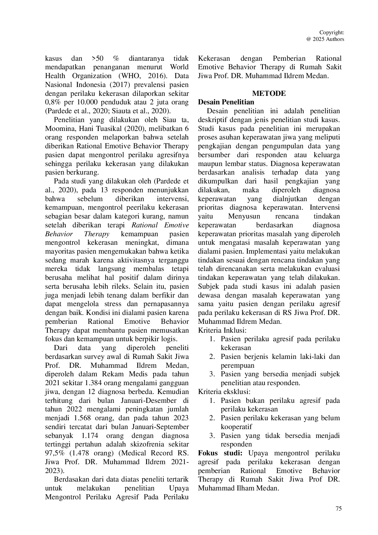 JURIS Upaya mengontrol perilaku agresif pada perilaku Kekerasan dengan pemberian rational emotive behavior therapy