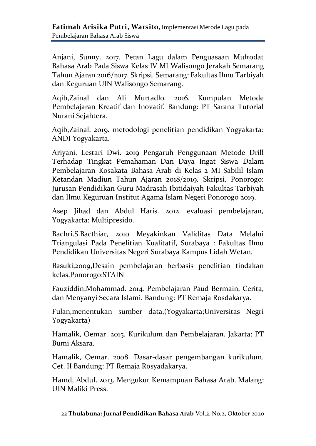 JURIS Implementasi Metode Lagu pada Pembelajaran Bahasa Arab Siswa