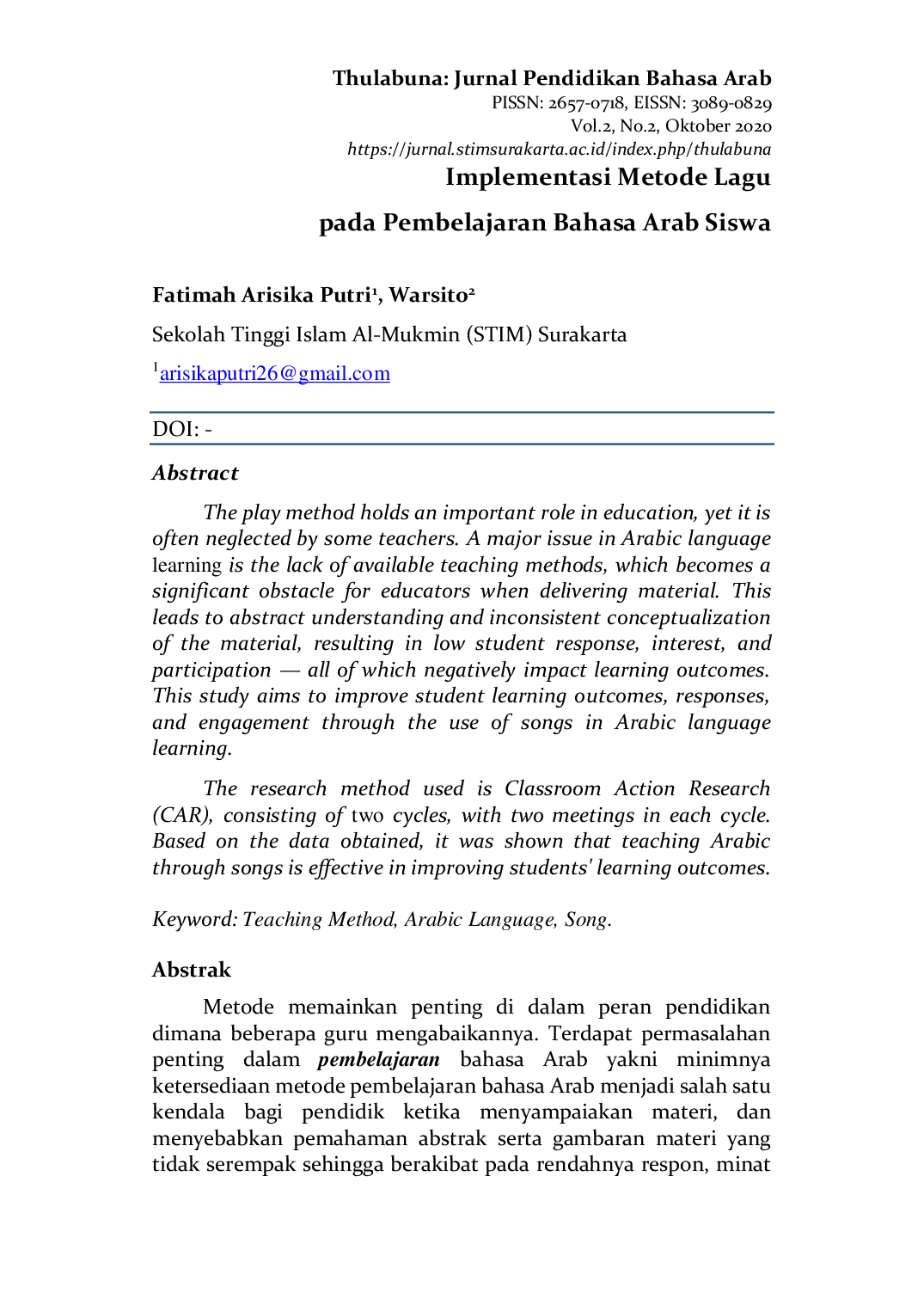 JURIS Implementasi Metode Lagu pada Pembelajaran Bahasa Arab Siswa