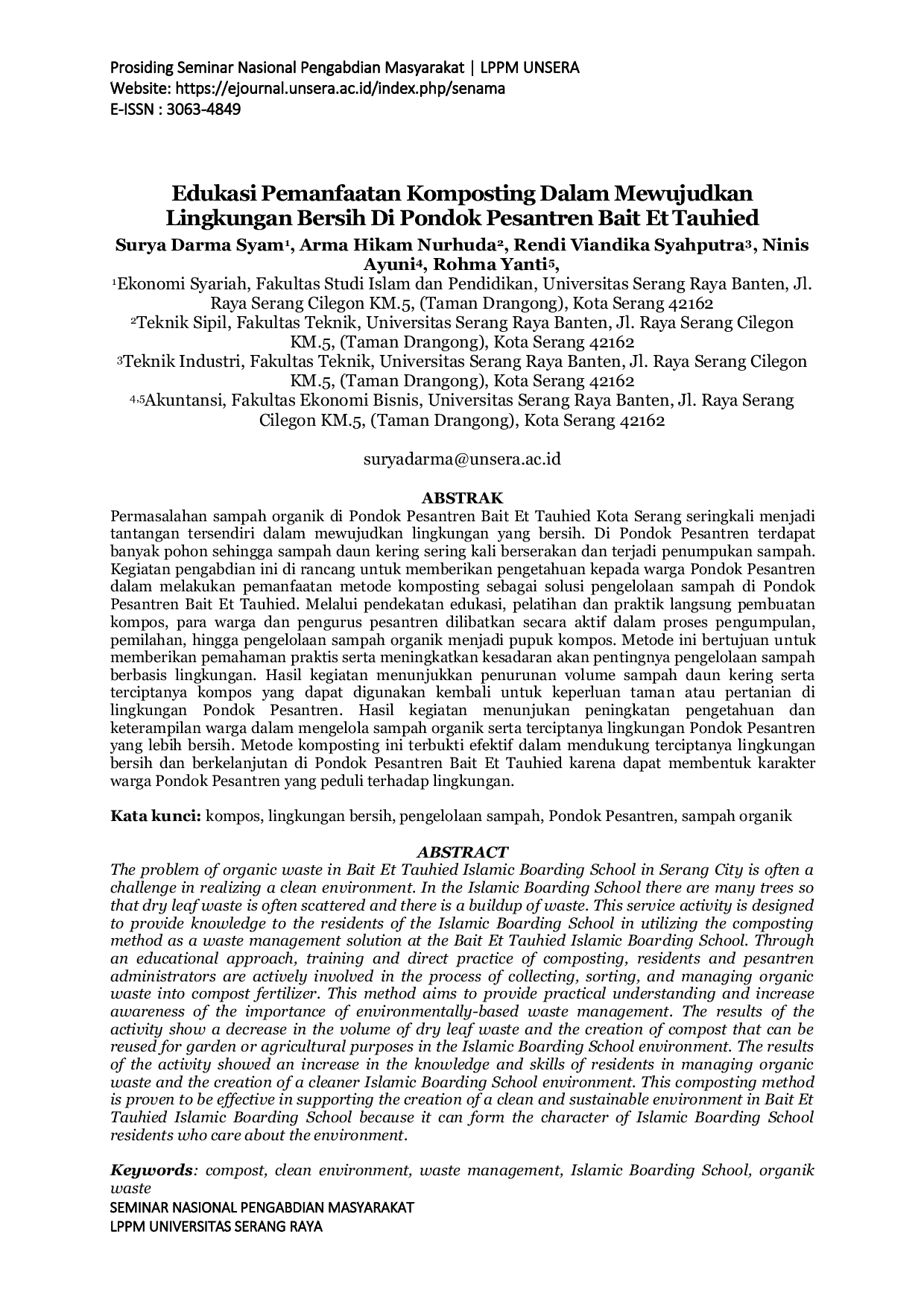 JURIS Edukasi Pemanfaatan Komposting Dalam Mewujudkan Lingkungan Bersih Di Pondok Pesantren Bait Et Tauhied