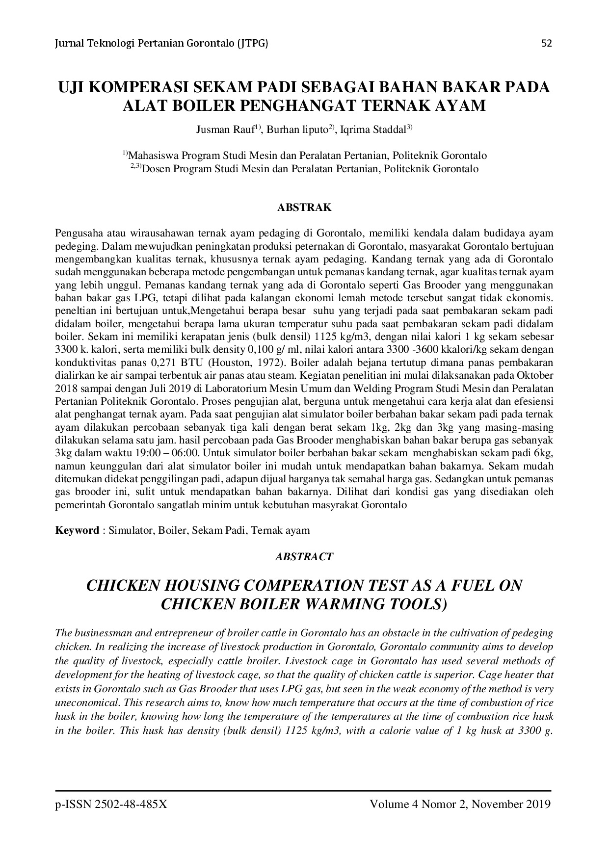 JURIS Uji Komperasi Sekam Padi Sebagai Bahan Bakar Pada Alat Boiler Penghangat Ternak Ayam