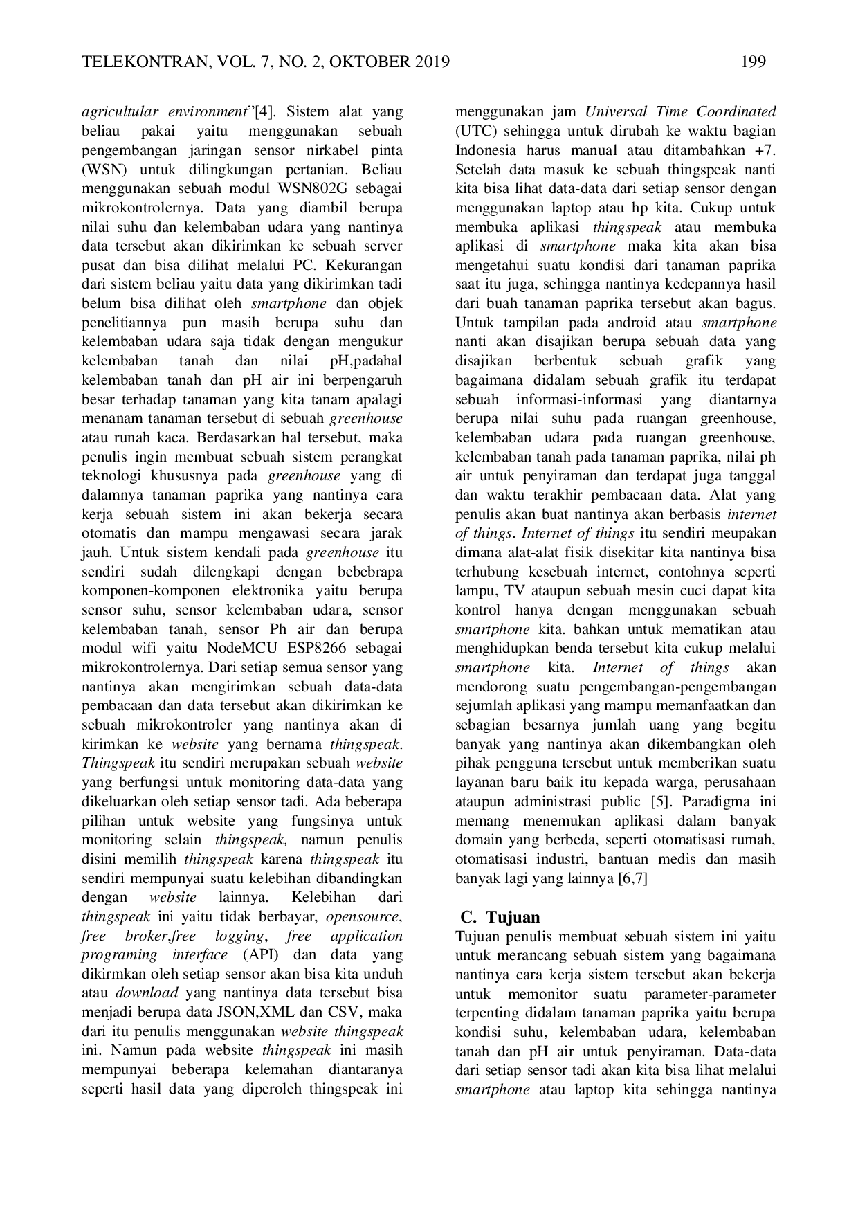 JURIS Smart Greenhouse System On Paprican Plants Based On Internet of Things Sistem Smart Greenhouse Pada Tanaman Paprika Berbasis Internet of Things