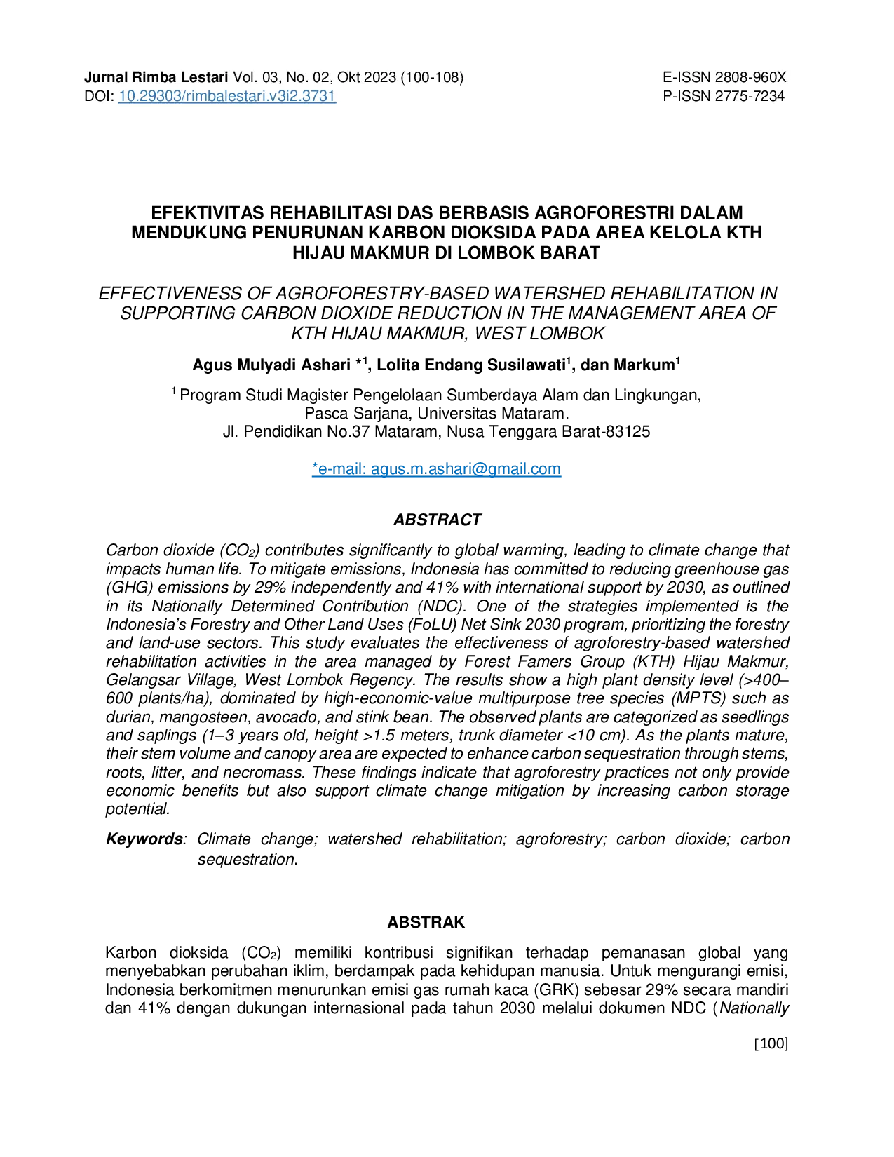 JURIS Efektivitas Rehabilitasi Das Berbasis Agroforestri Dalam Mendukung Penurunan Karbon Dioksida Pada Area Kelola Kth Hijau Makmur Di Lombok Barat