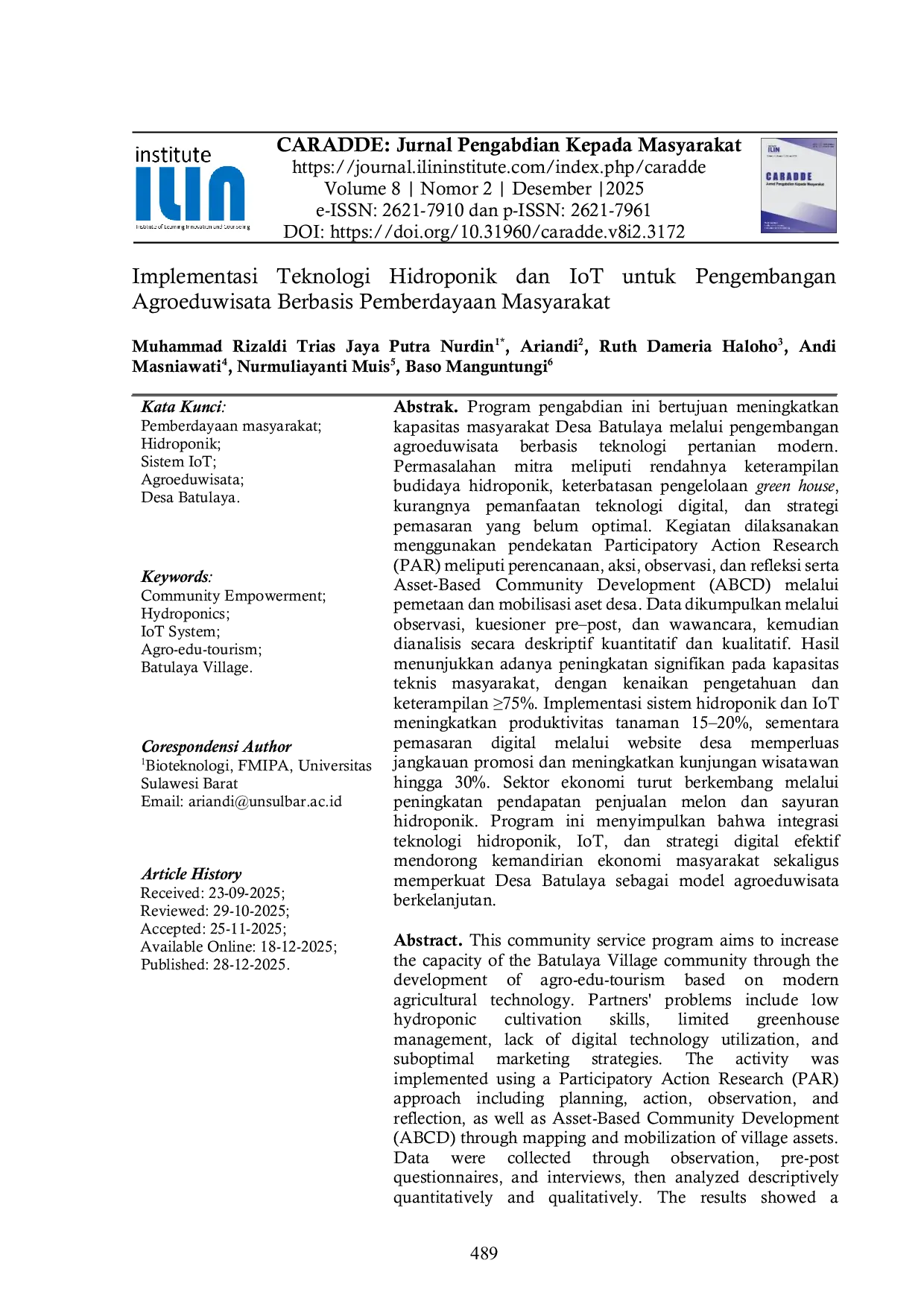 JURIS Implementasi Teknologi Hidroponik Dan IoT Untuk Pengembangan Agroeduwisata Berbasis Pemberdayaan Masyarakat