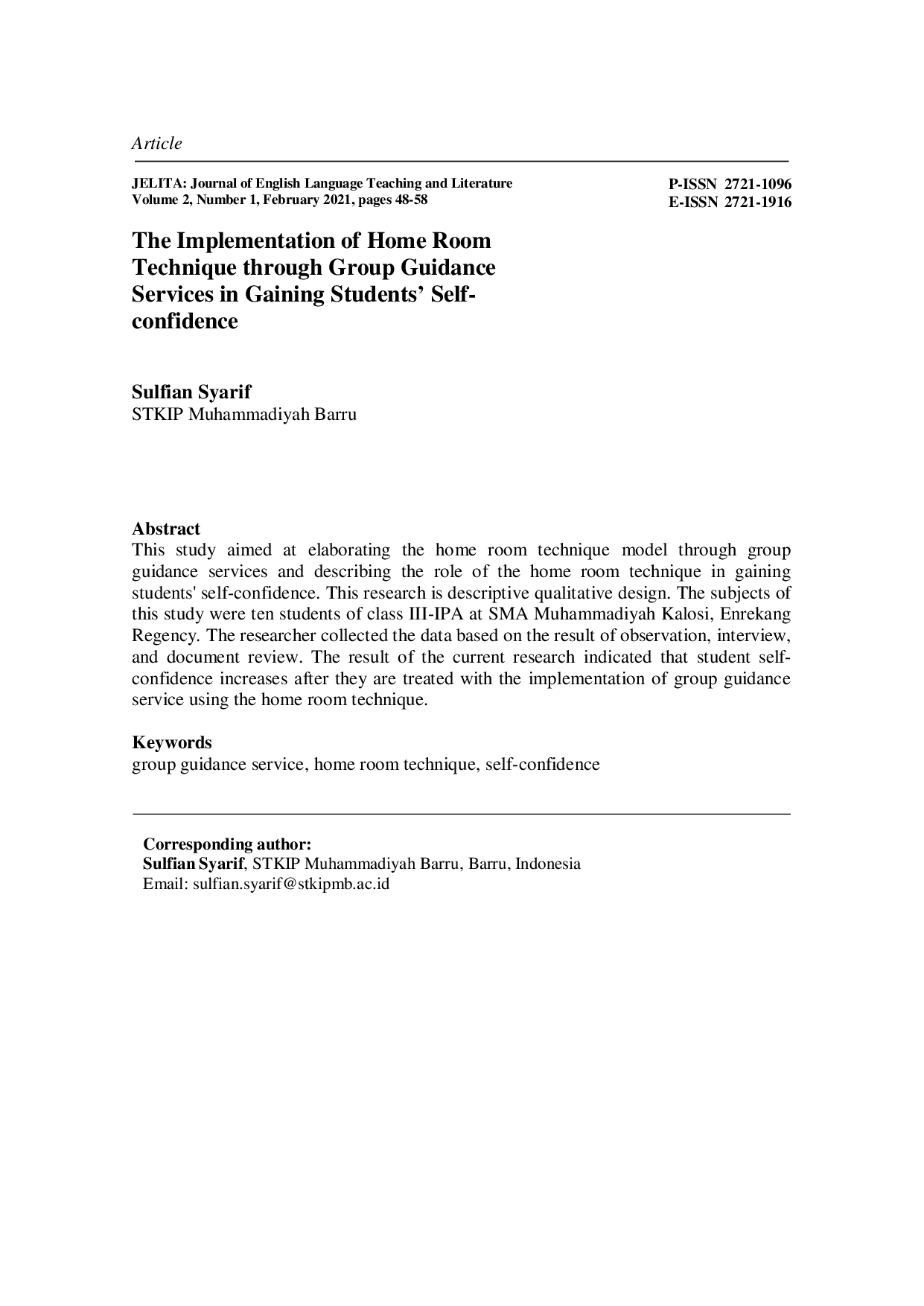 JURIS The Implementation of Home Room Technique through Group Guidance Services in Gaining Students Self confidence
