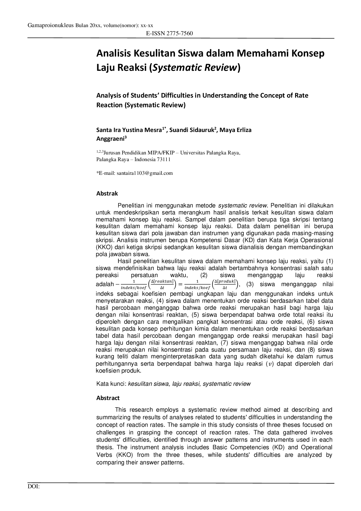 JURIS Analisis Kesulitan Siswa dalam Memahami Konsep Laju Reaksi Systematic Review