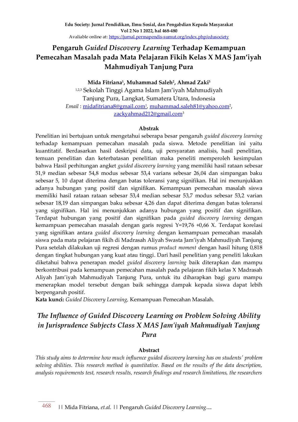JURIS Pengaruh Guided Discovery Learning Terhadap Kemampuan Pemecahan Masalah pada Mata Pelajaran Fikih Kelas X MAS Jam iyah Mahmudiyah Tanjung Pura