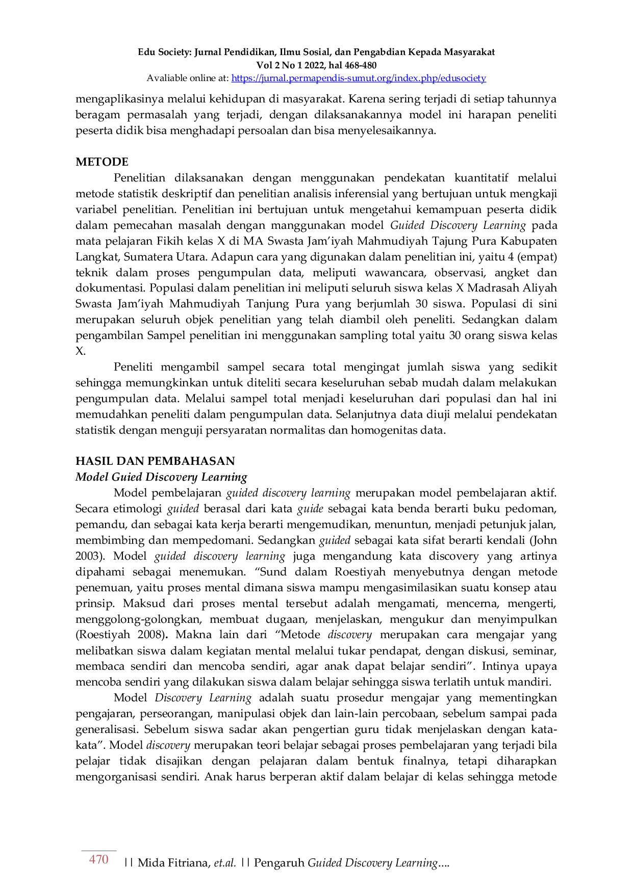 JURIS Pengaruh Guided Discovery Learning Terhadap Kemampuan Pemecahan Masalah pada Mata Pelajaran Fikih Kelas X MAS Jam iyah Mahmudiyah Tanjung Pura