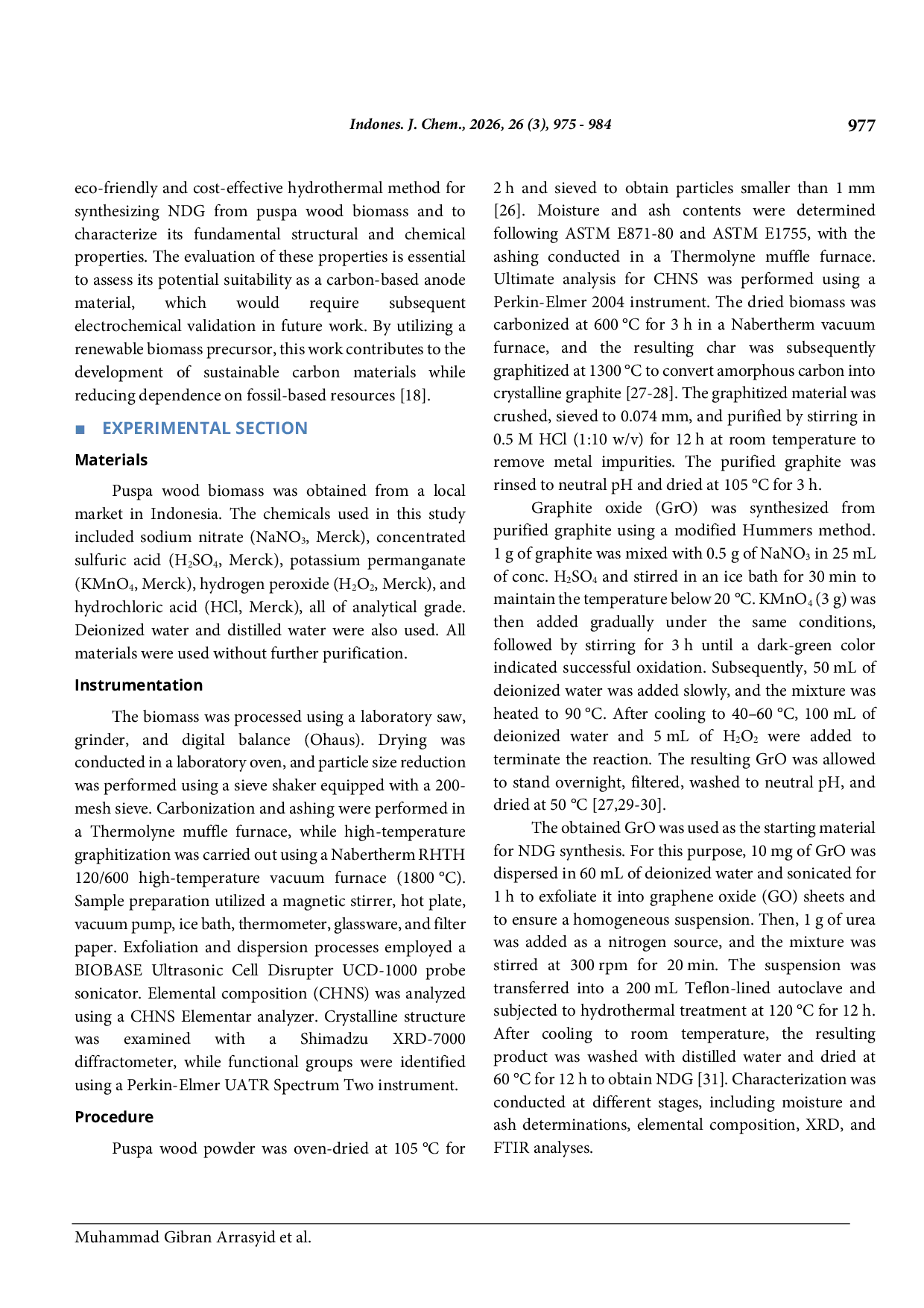 JURIS Hydrothermal Synthesis and Characterization of Nitrogen Doped Graphene from Puspa Wood Biomass