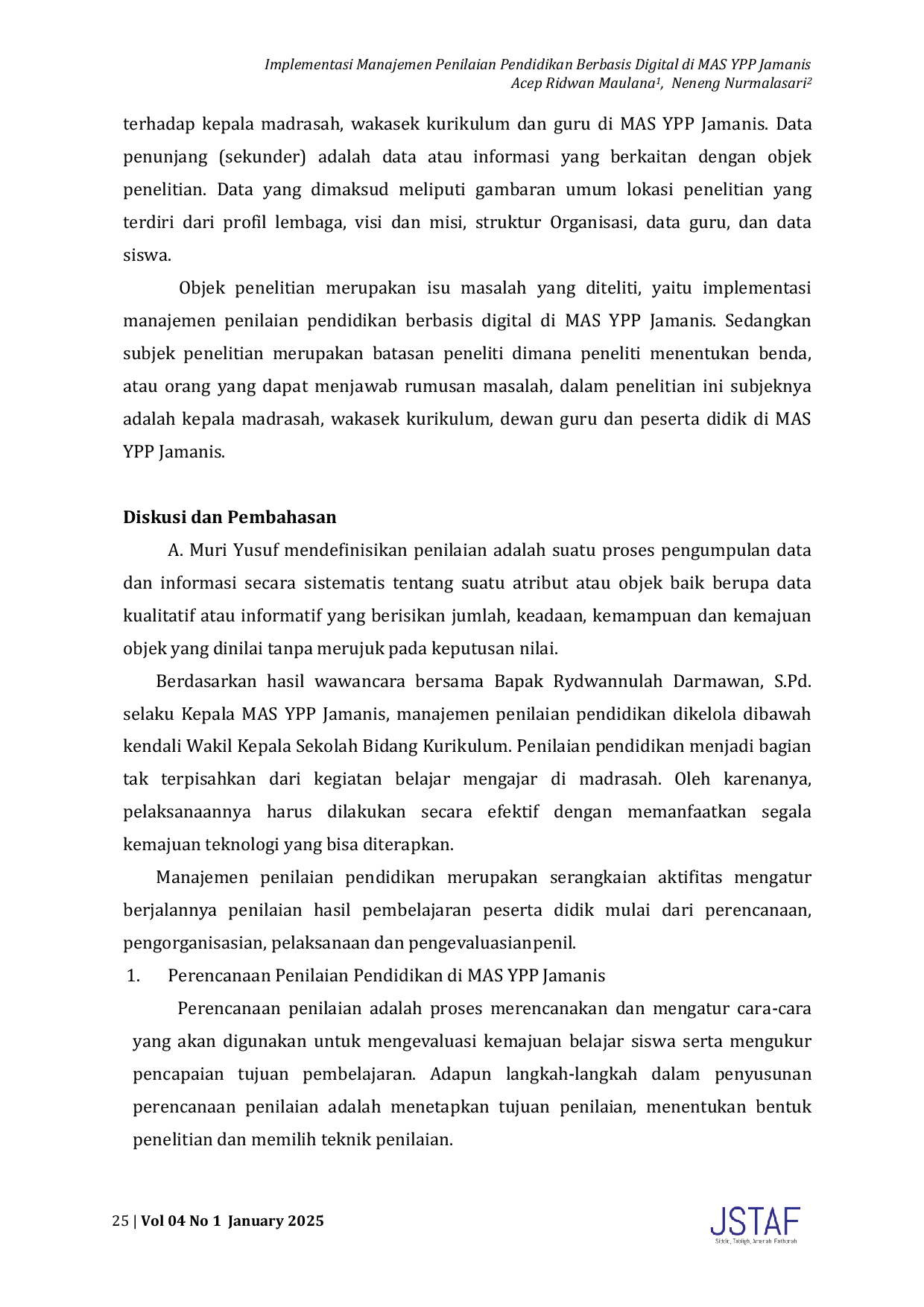JURIS Implementasi Manajemen Penilaian Pendidikan Berbasis Digital di MAS YPP Jamanis