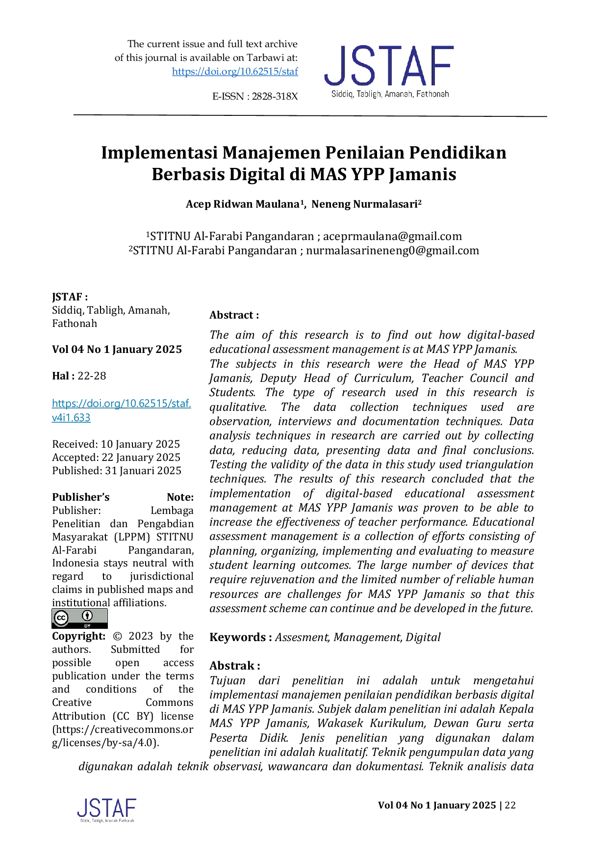 JURIS Implementasi Manajemen Penilaian Pendidikan Berbasis Digital di MAS YPP Jamanis