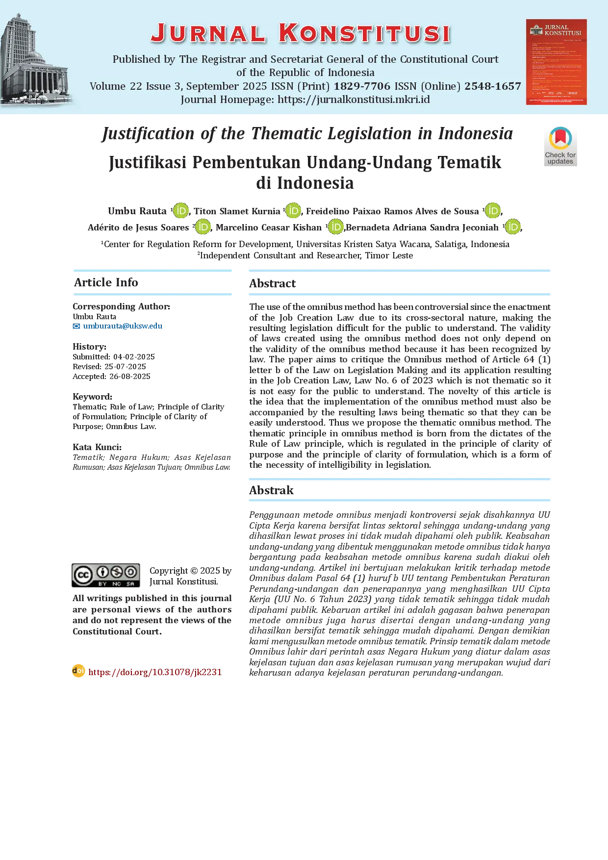 juris Justification of the Thematic Legislation in Indonesia Justifikasi Pembentukan Undang Undang Tematik di Indonesia