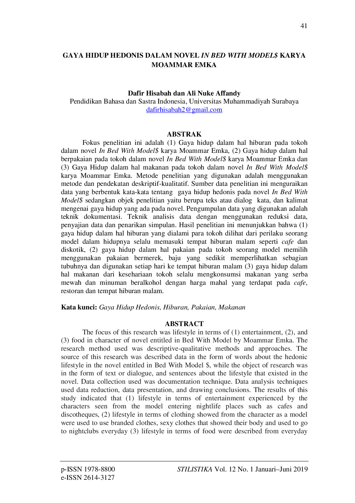 JURIS Gaya Hidup Hedonis dalam Novel In Bed With Model Karya Moammar Emka